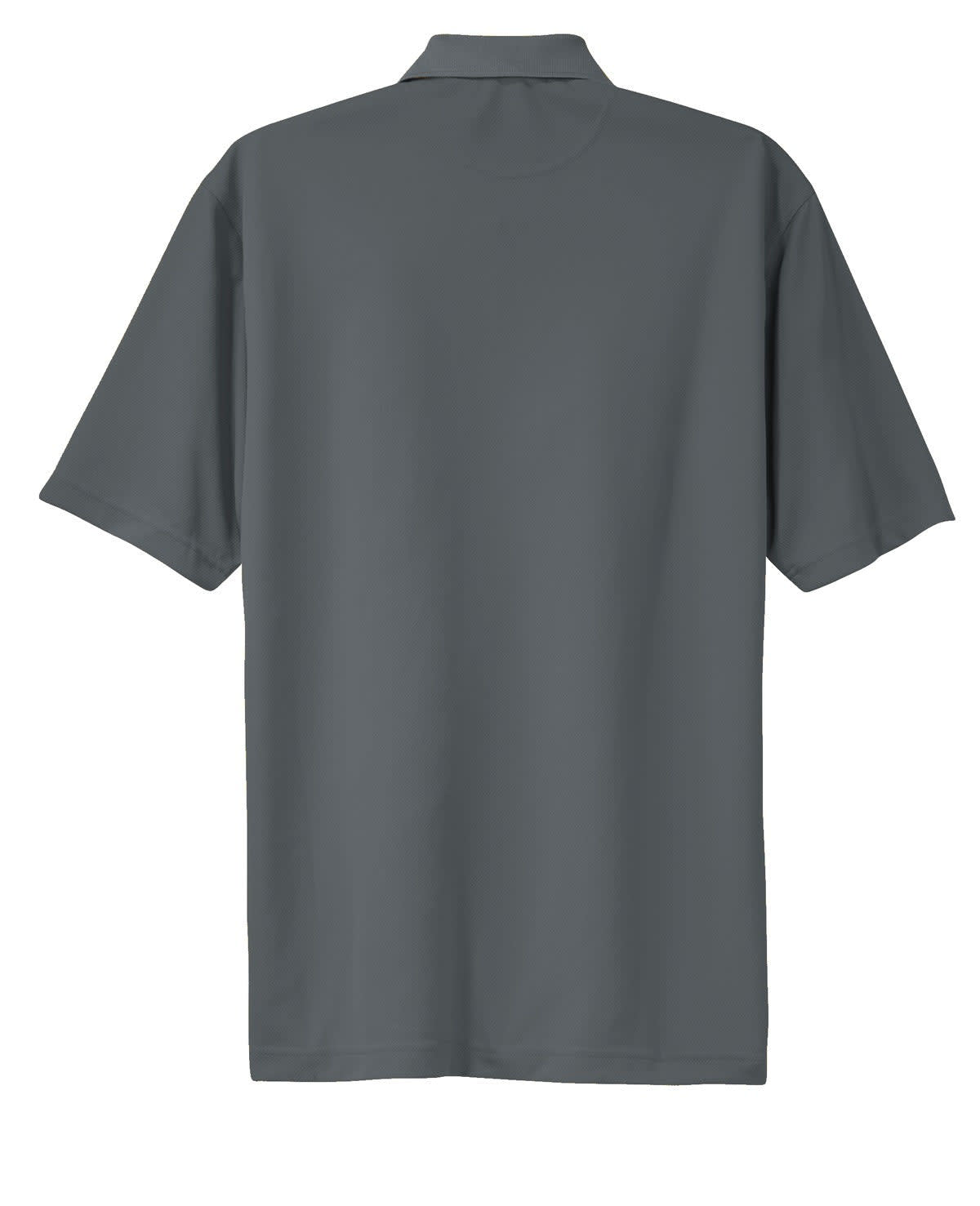 A grey polo shirt with short sleeves, featuring a simple design and a brand logo on the back.