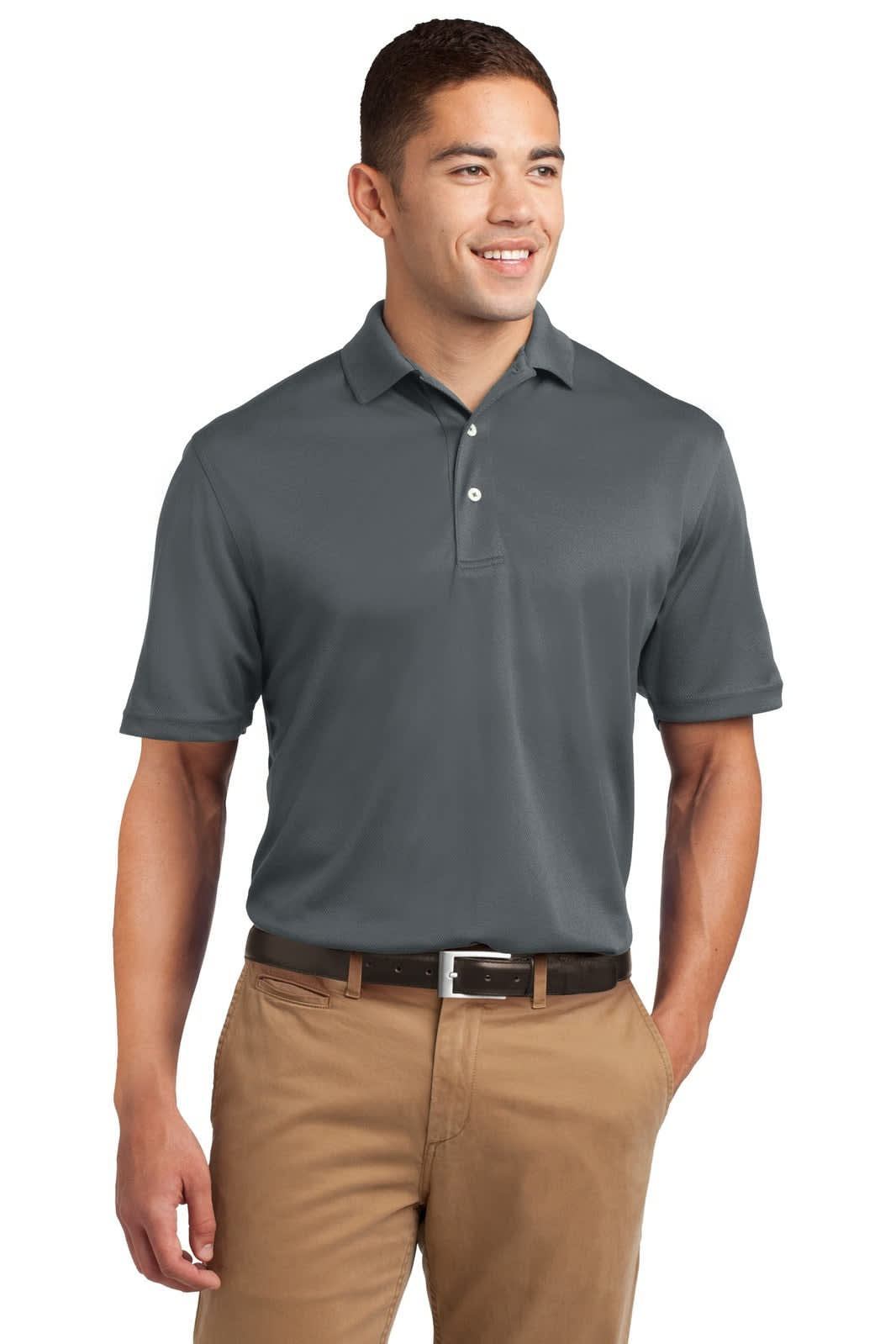 A grey Sport-Tek Dri-Mesh polo shirt on a male model, paired with beige trousers. The shirt has a logo.