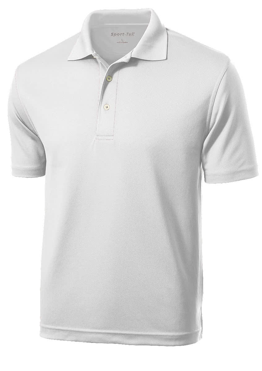A white Sport-Tek Dri-Mesh polo shirt with a three-button placket and collar, featuring a logo on the chest.
