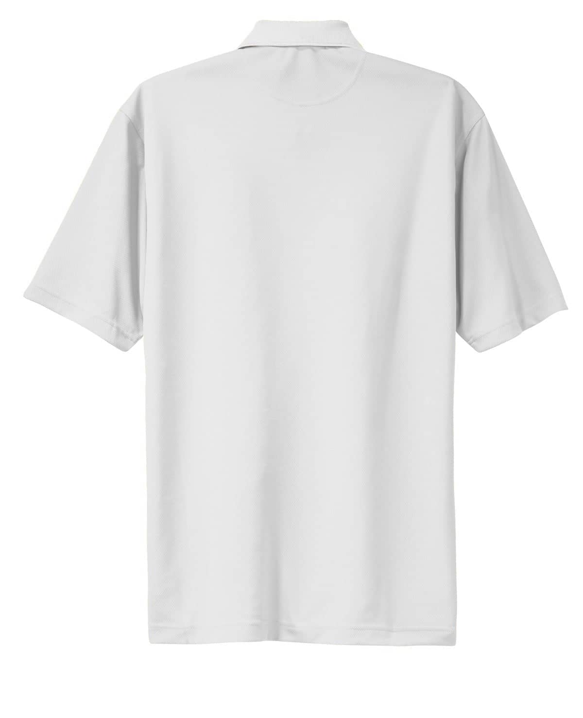 A white Sport-Tek Dri-Mesh Polo shirt featuring a standard polo collar and short sleeves, with a logo on the chest.