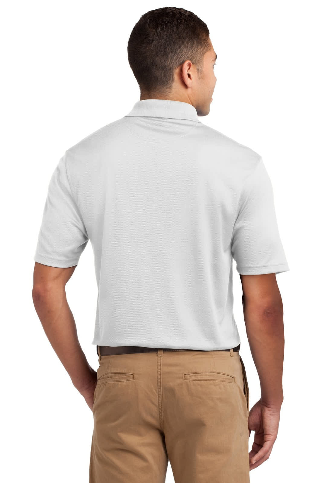 A grey Sport-Tek Dri-Mesh polo shirt seen from the back, featuring short sleeves and a logo on the collar.