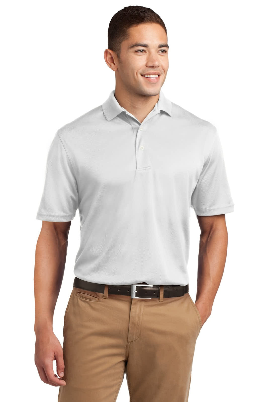 A man wearing a grey Sport-Tek Dri-Mesh polo shirt paired with khaki trousers, featuring a logo on the shirt.