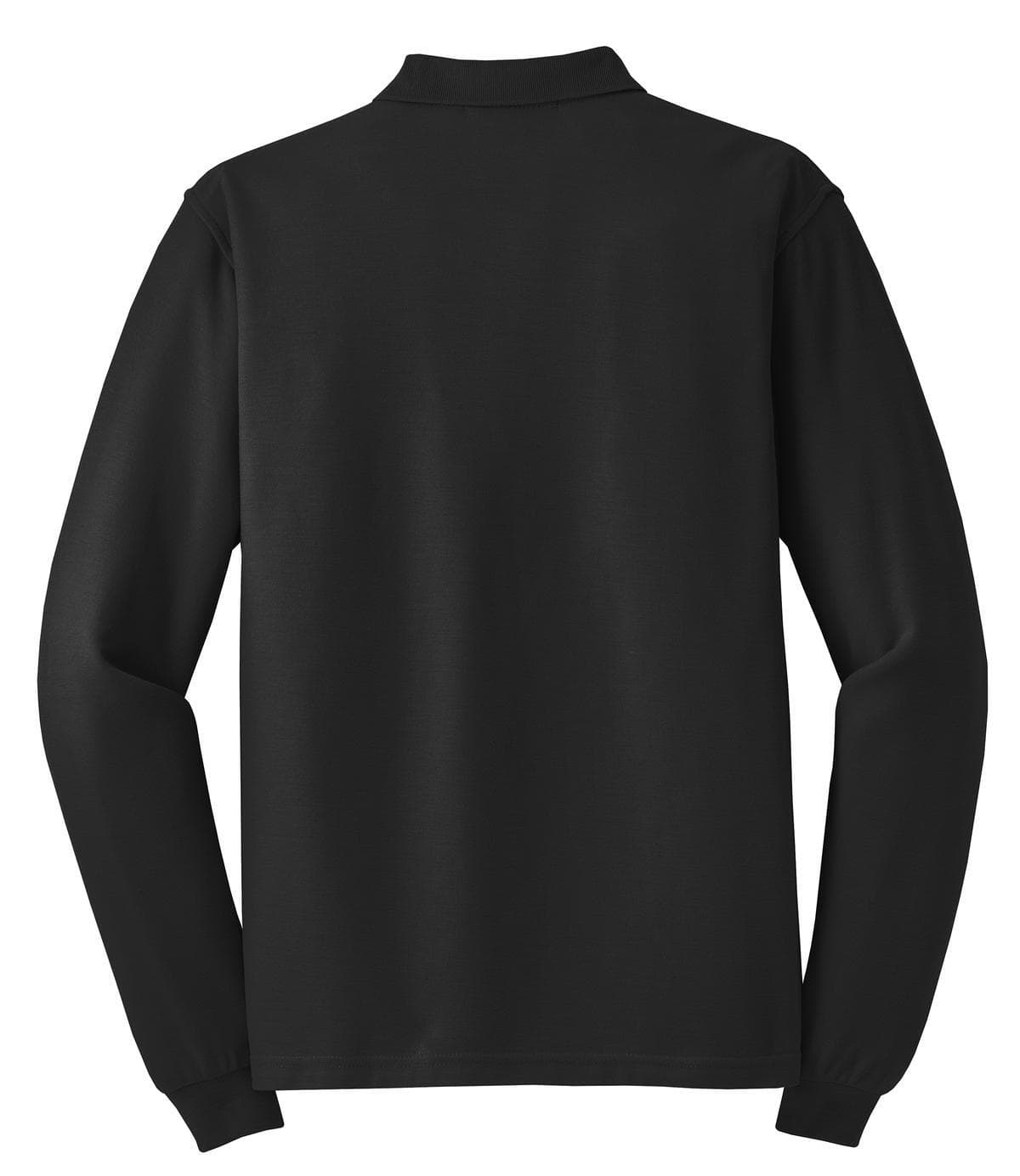 A black long sleeve polo shirt with a collar and a logo on the back, featuring long sleeves.