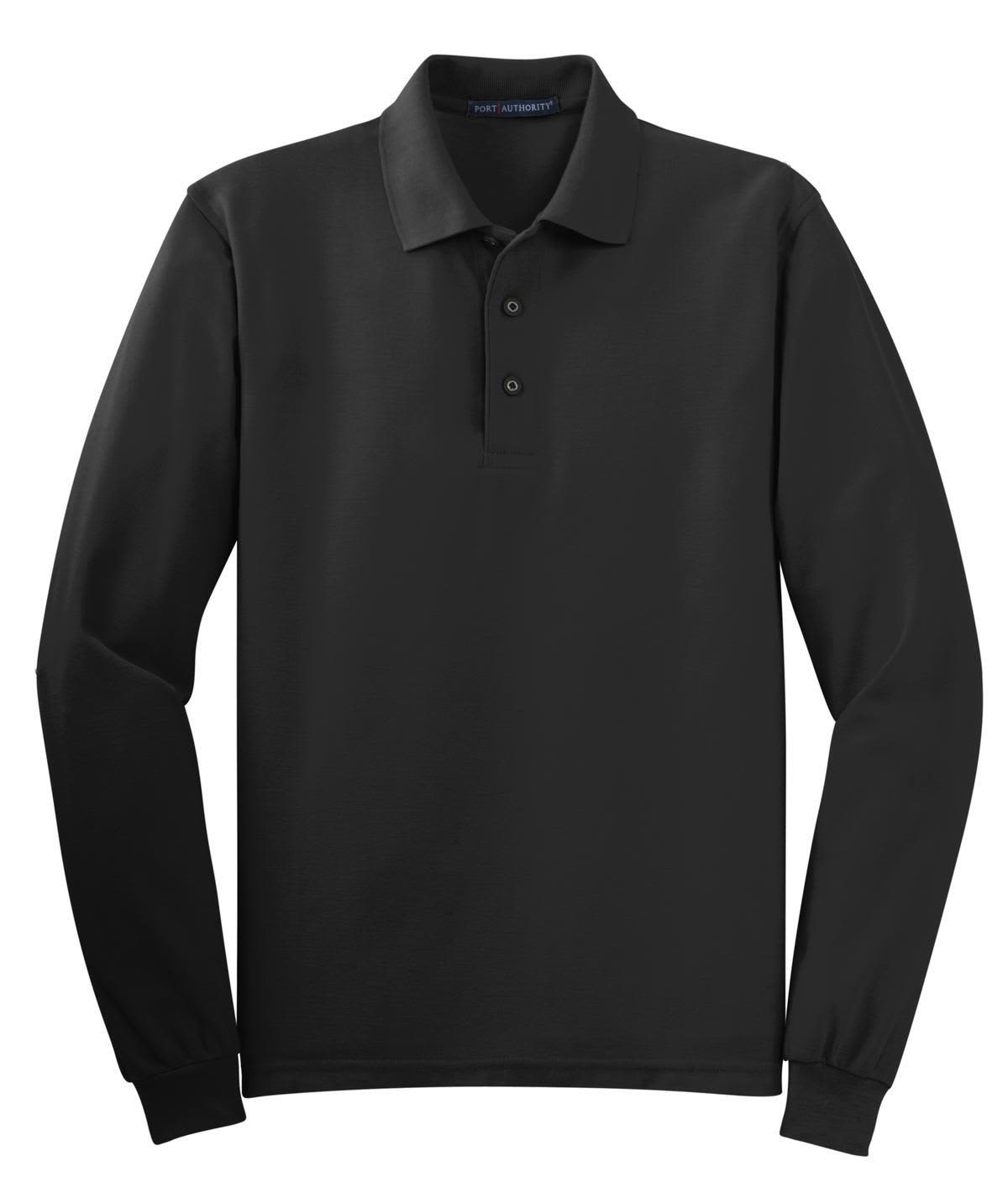 A black long sleeve polo shirt featuring a collar and buttons, with a logo present.
