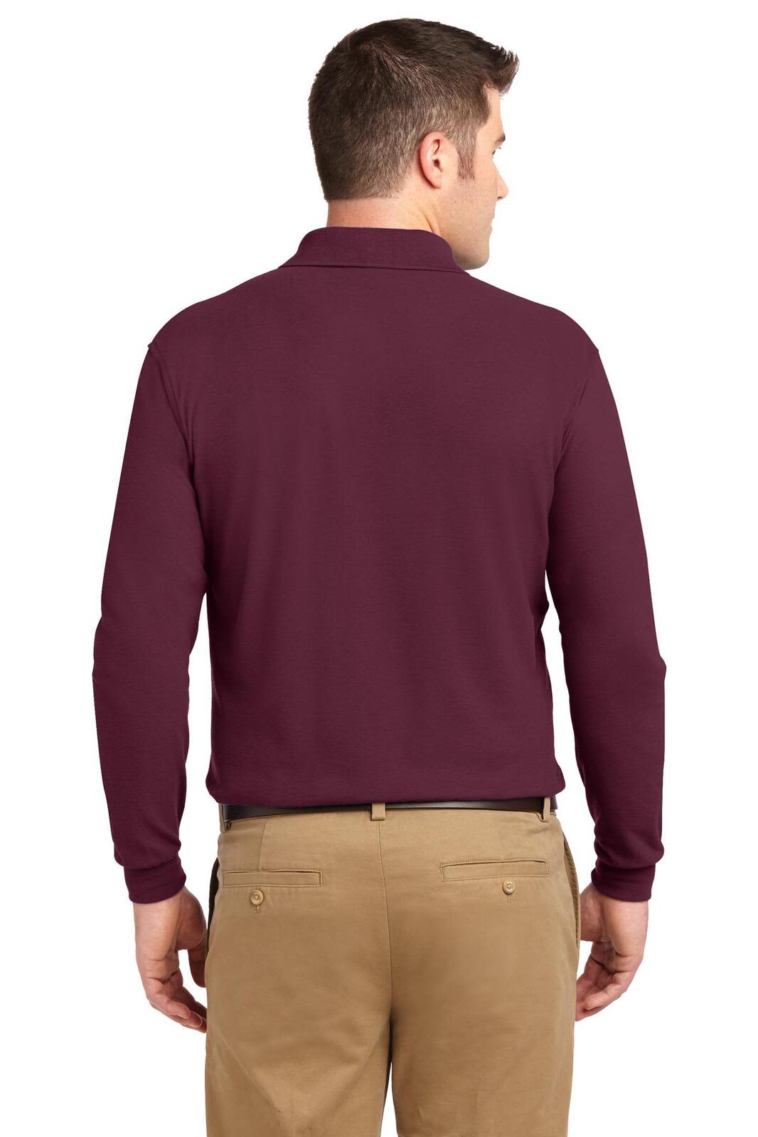 A long sleeve polo shirt in burgundy, featuring a back view with a logo on the collar.