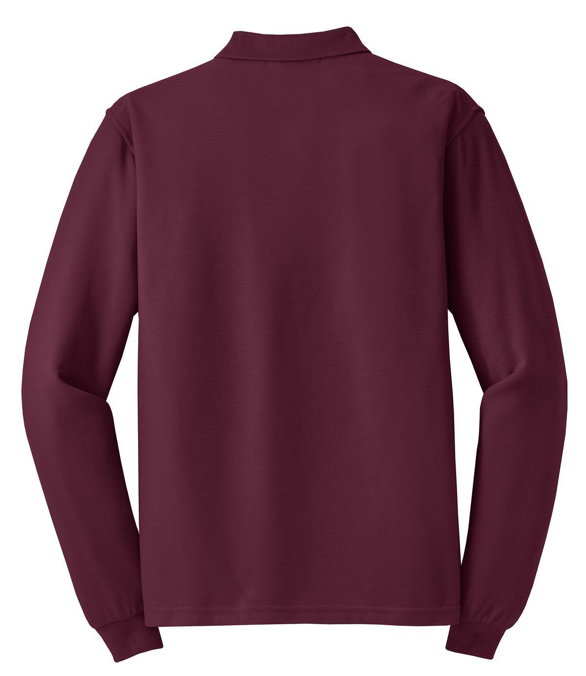 A long sleeve polo in burgundy with a plain back view and a logo on the collar.