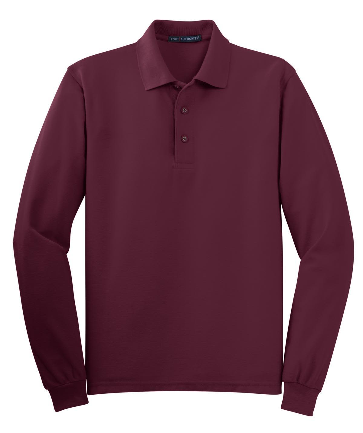 A burgundy long sleeve polo shirt featuring a collar and three-button placket, with a logo on the chest.