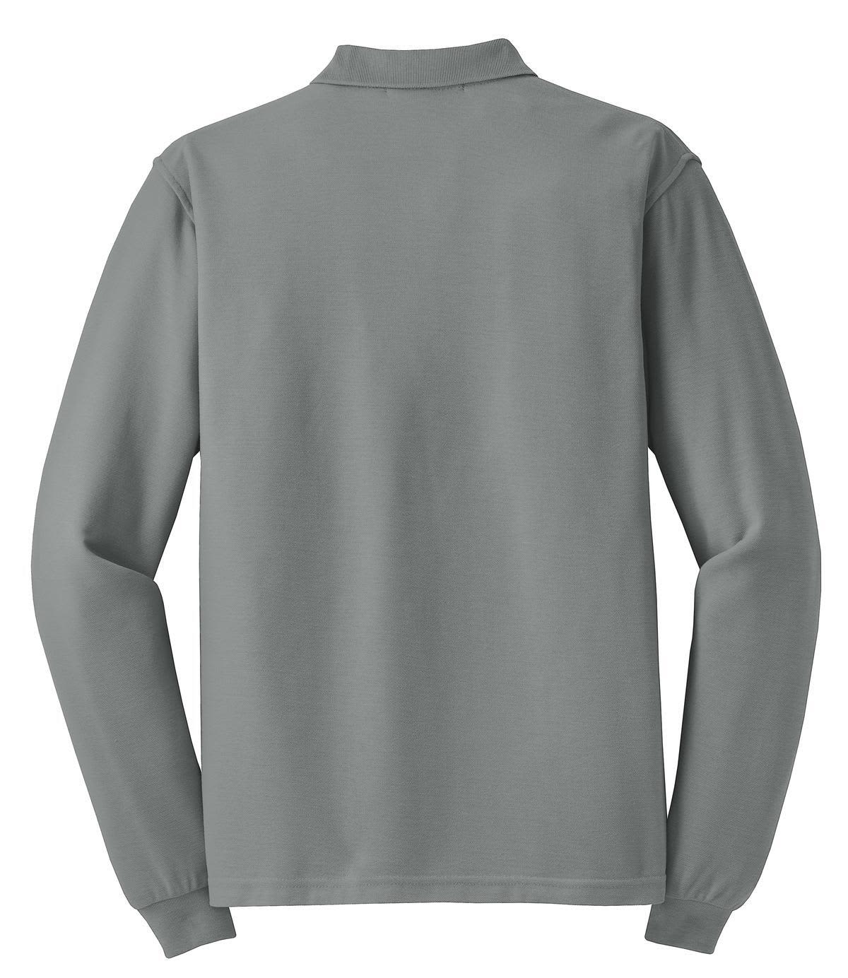 A long sleeve polo shirt in grey, showcasing a simple design with a collar and a logo at the back.