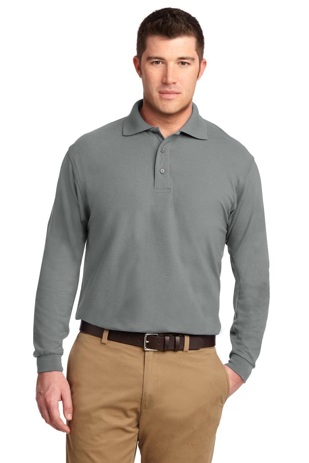 A grey long sleeve polo shirt on a male model, featuring a collar and a logo on the chest.
