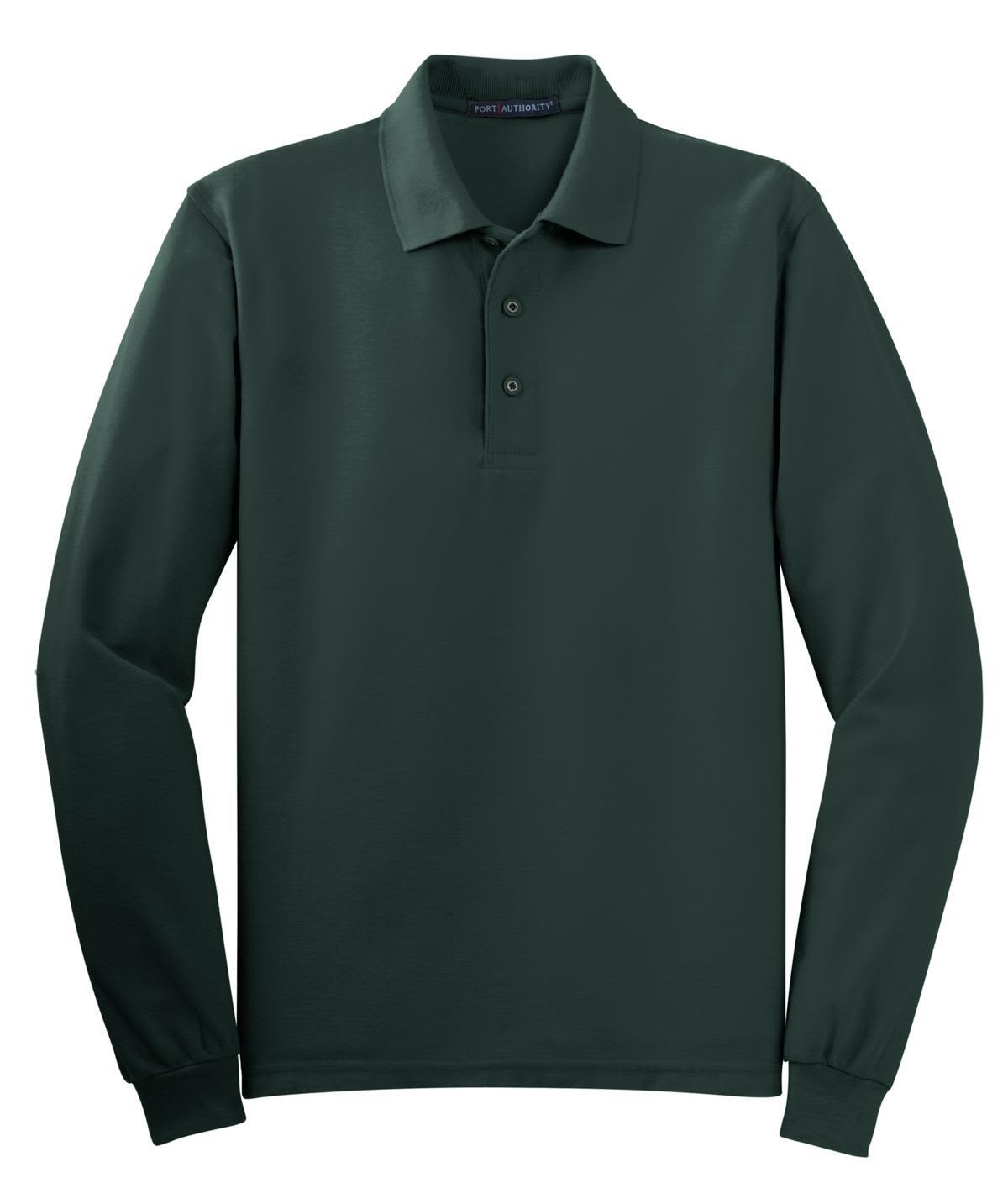 A dark green long sleeve polo shirt featuring a collar and three buttons, with a logo on the chest.