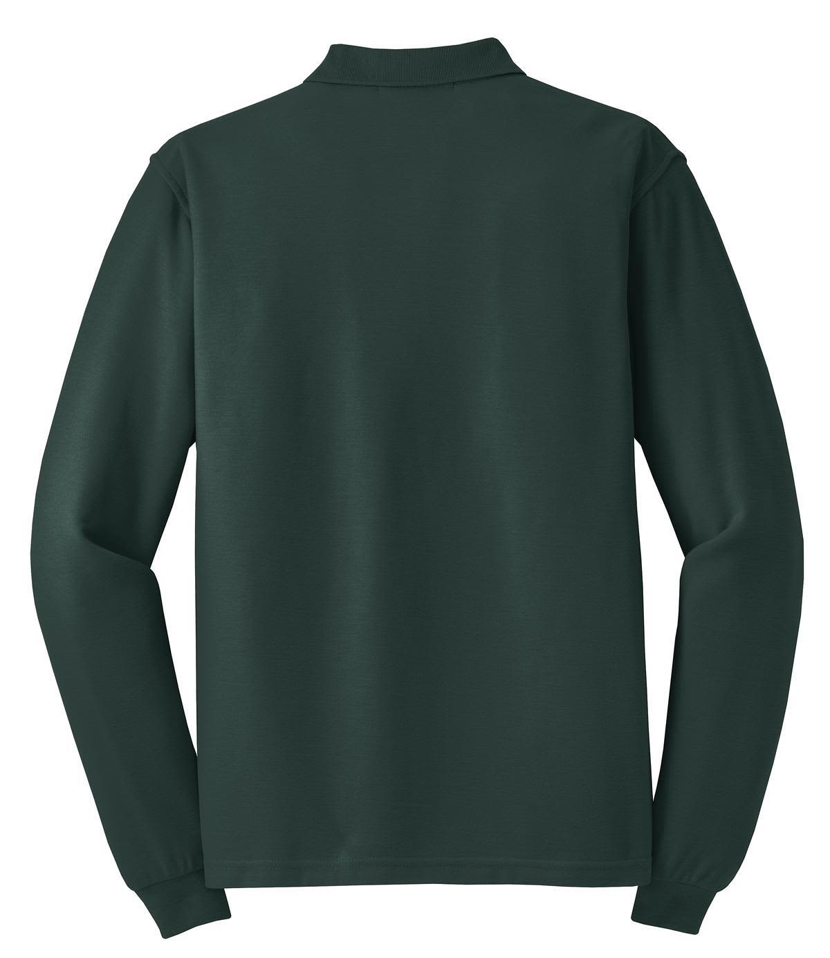 A dark green long sleeve polo shirt with a collar and a logo on the back.