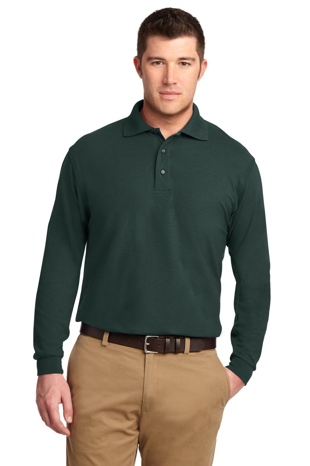 A long sleeve polo shirt in dark green, featuring a button-up collar and a logo.