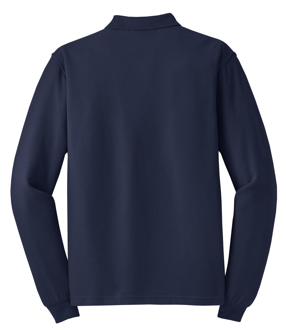 A navy long sleeve polo shirt with a collar and long sleeves, featuring a logo on the back.
