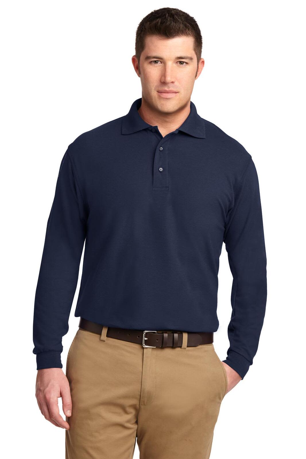 A man in a navy long sleeve polo shirt with a collar, featuring a logo on the chest.
