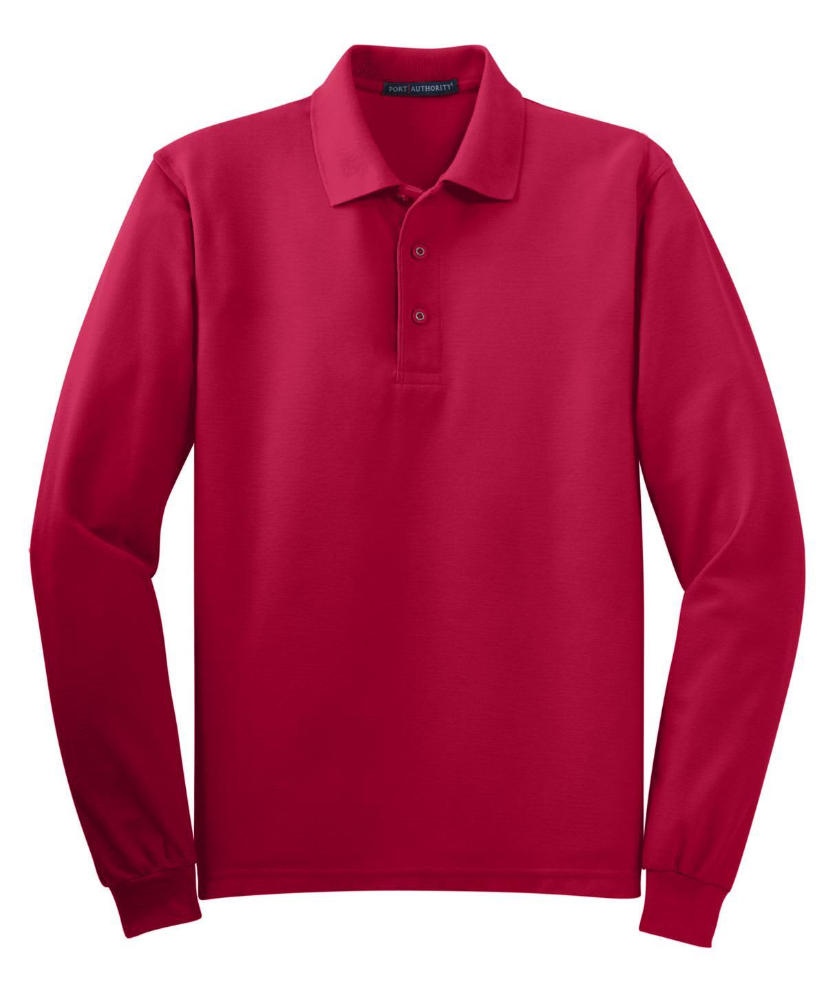A red long sleeve polo shirt with a collar and button placket, featuring a logo on the chest.