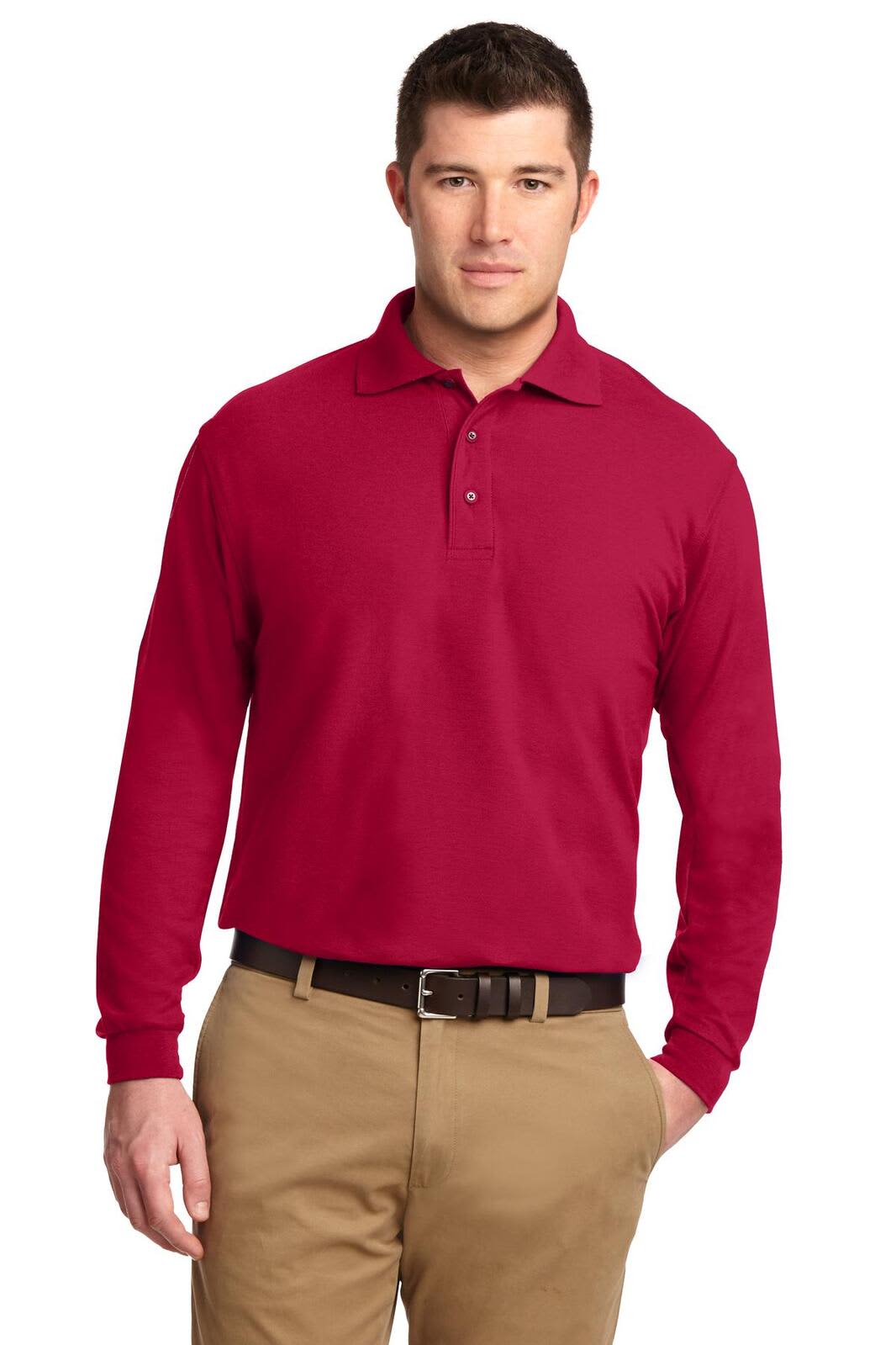 A red long sleeve polo shirt is worn by a model, featuring a collar and a logo on the chest.