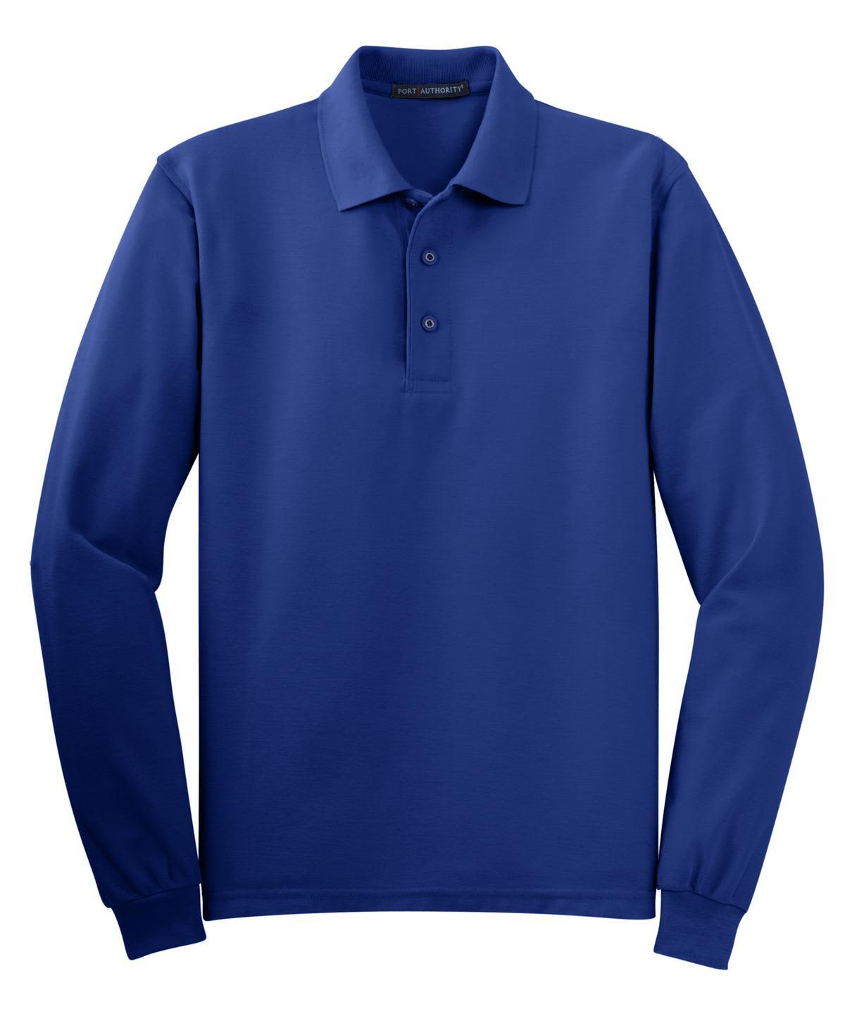 A long sleeve polo shirt in a deep blue shade, featuring buttons and a collar. It includes a branding logo.