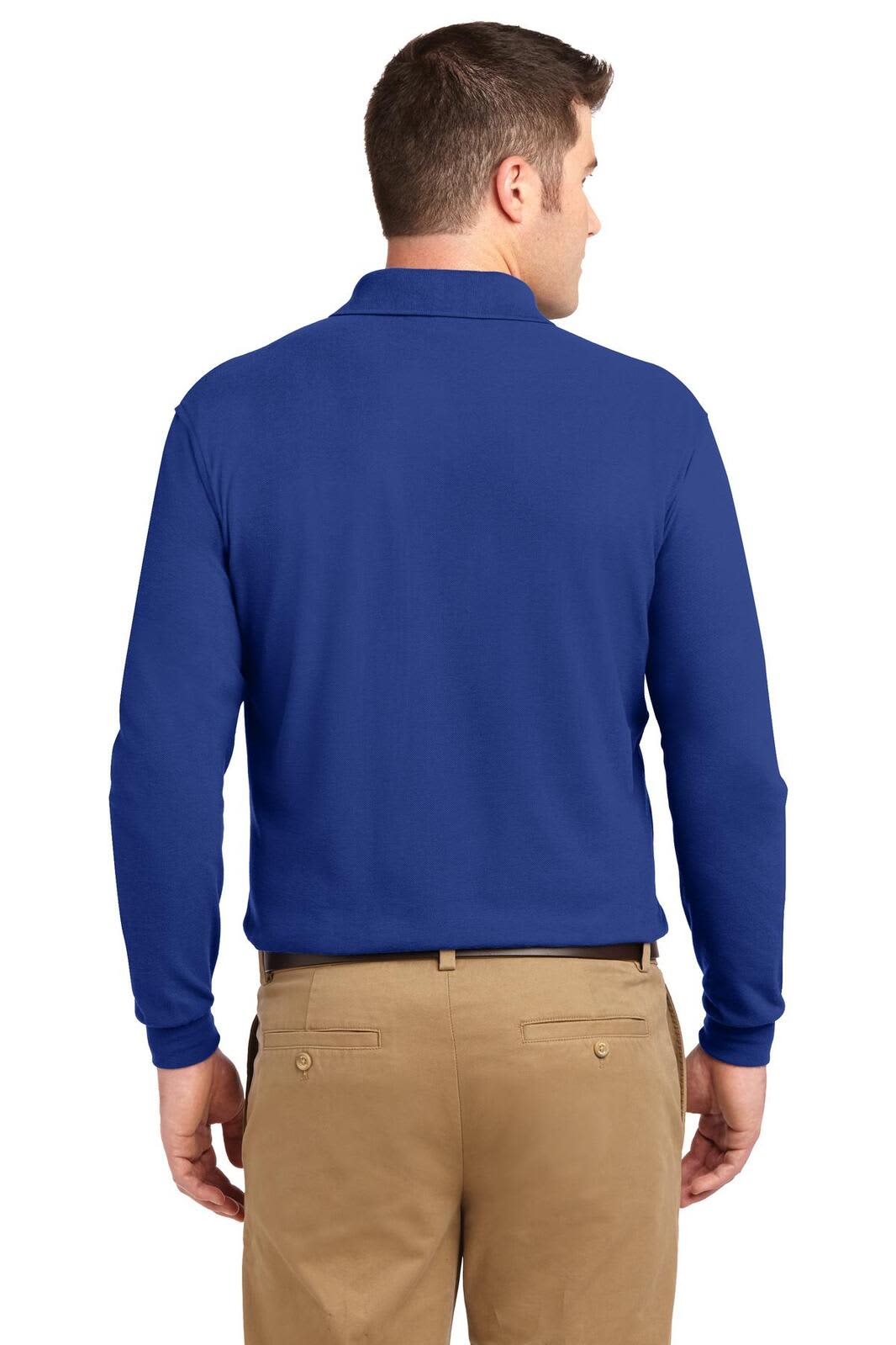 A long sleeve polo shirt in royal blue, featuring a collar and a back view of a model wearing light khaki pants.