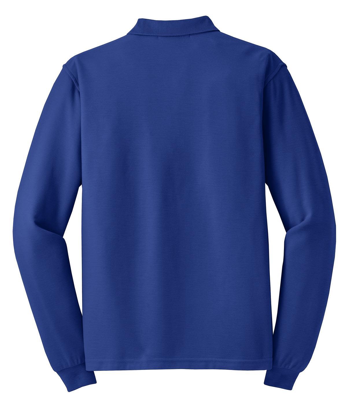 A long sleeve polo shirt in navy blue with a collar and a logo on the back.