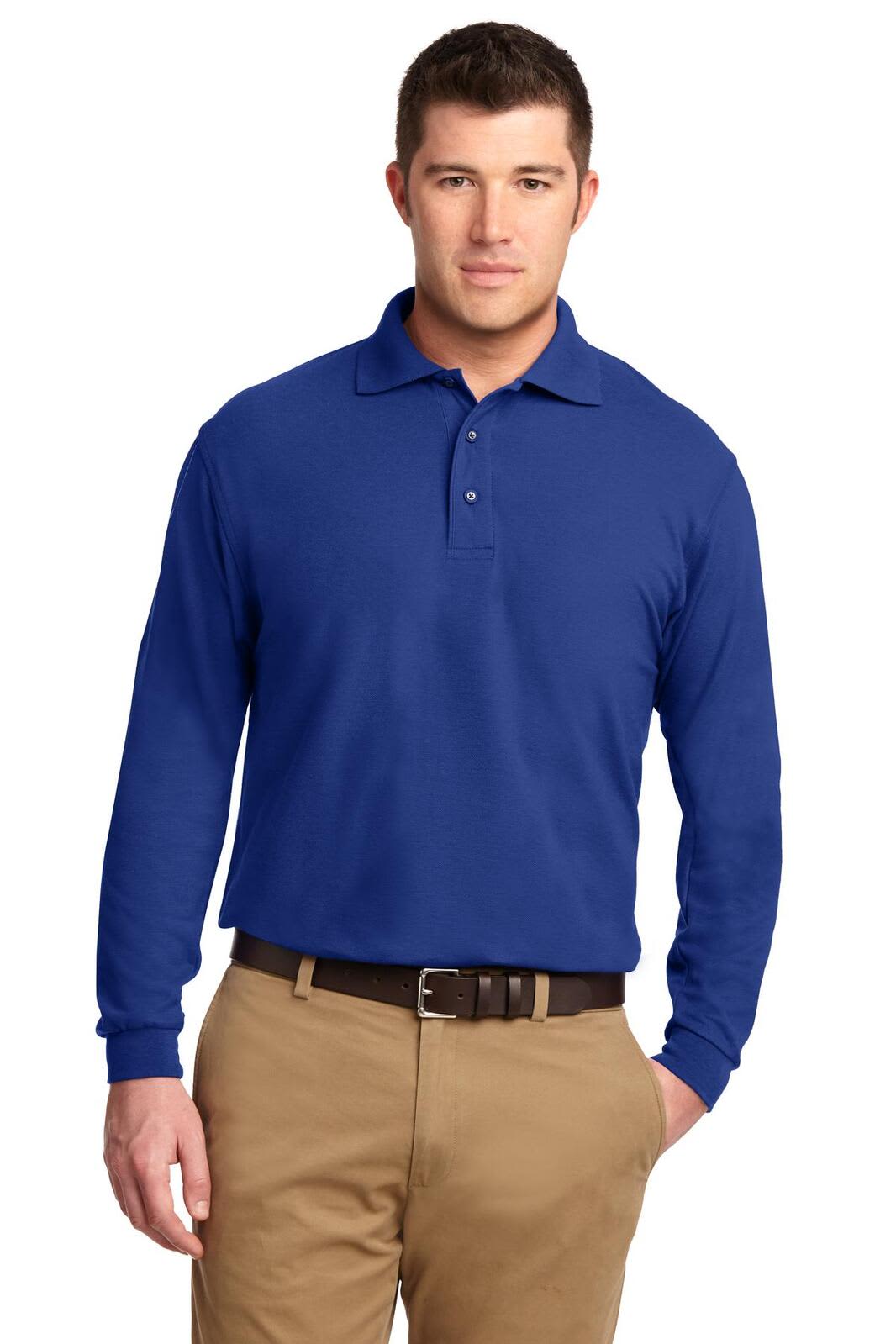 A long sleeve polo shirt in blue, featuring a collared neck and button placket, worn by a man with light trousers.