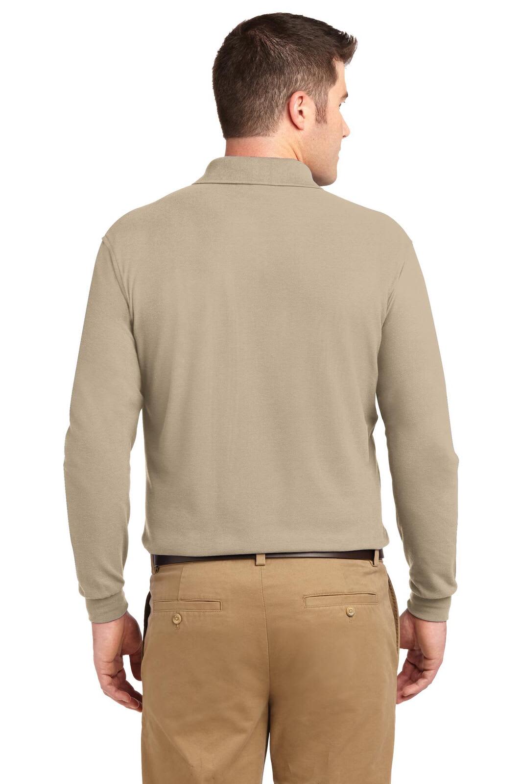 A long sleeve polo shirt in a beige colour, featuring a back view of a man wearing it. The shirt has a logo.