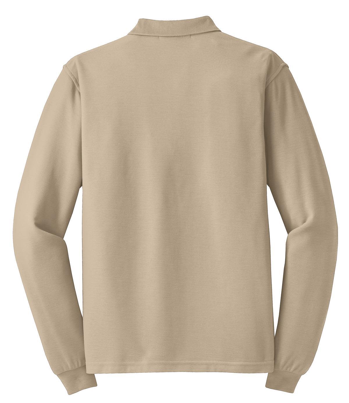 A long sleeve polo shirt in a light tan colour, featuring a collar and a logo on the front.
