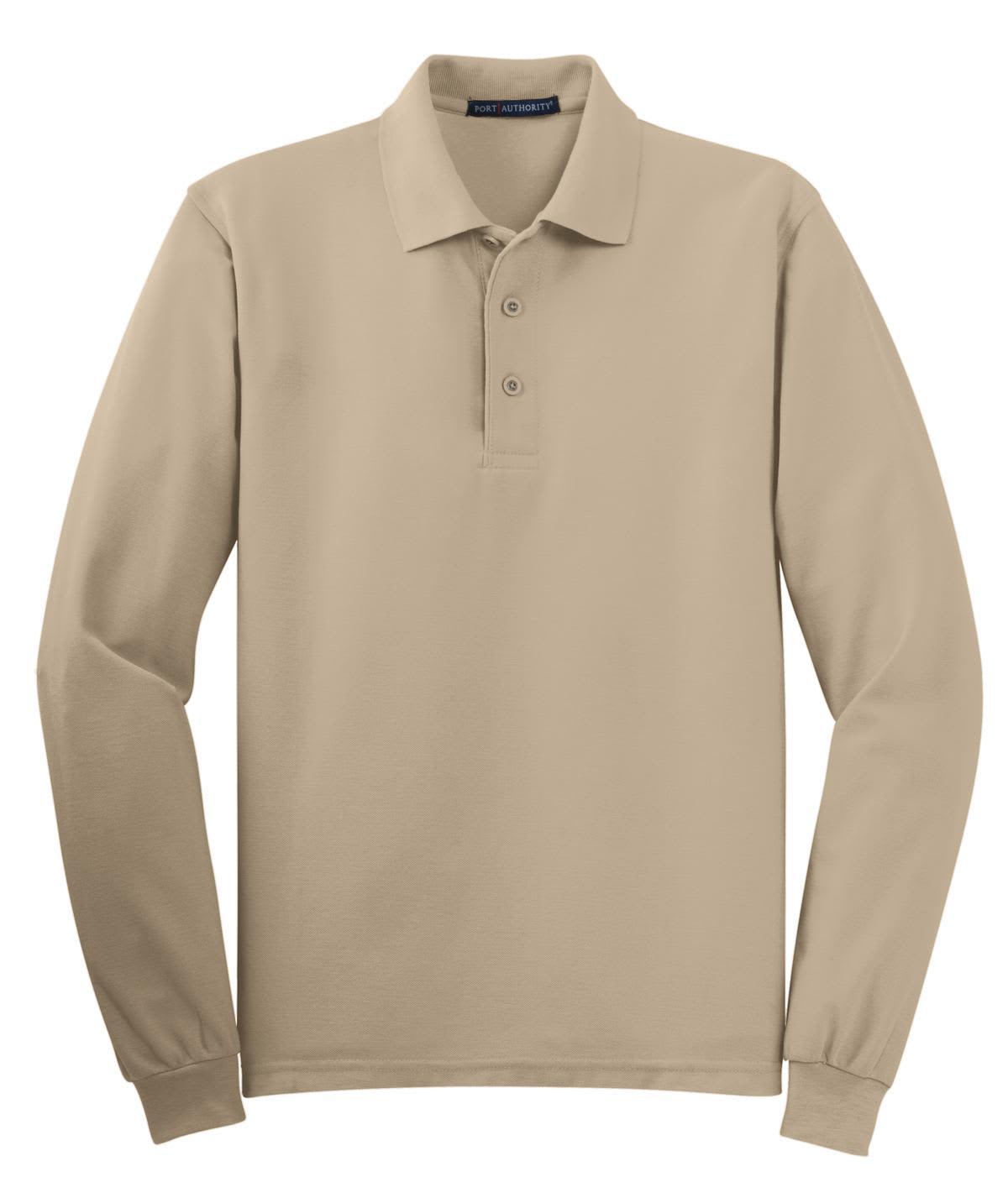 A beige long sleeve polo shirt with a collar, featuring three buttons and a logo.