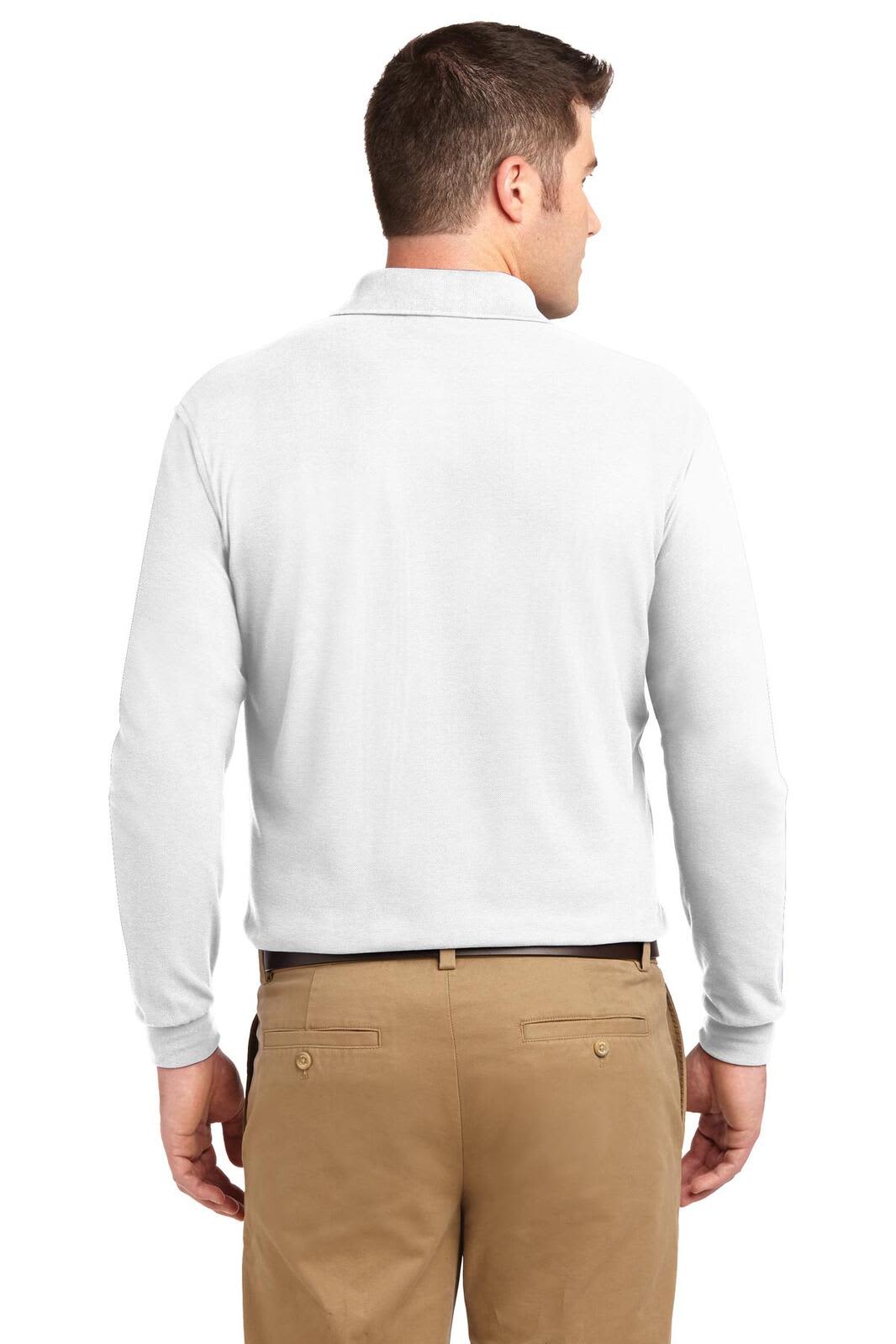 A white long sleeve polo shirt with a collar, viewed from the back, paired with khaki trousers.