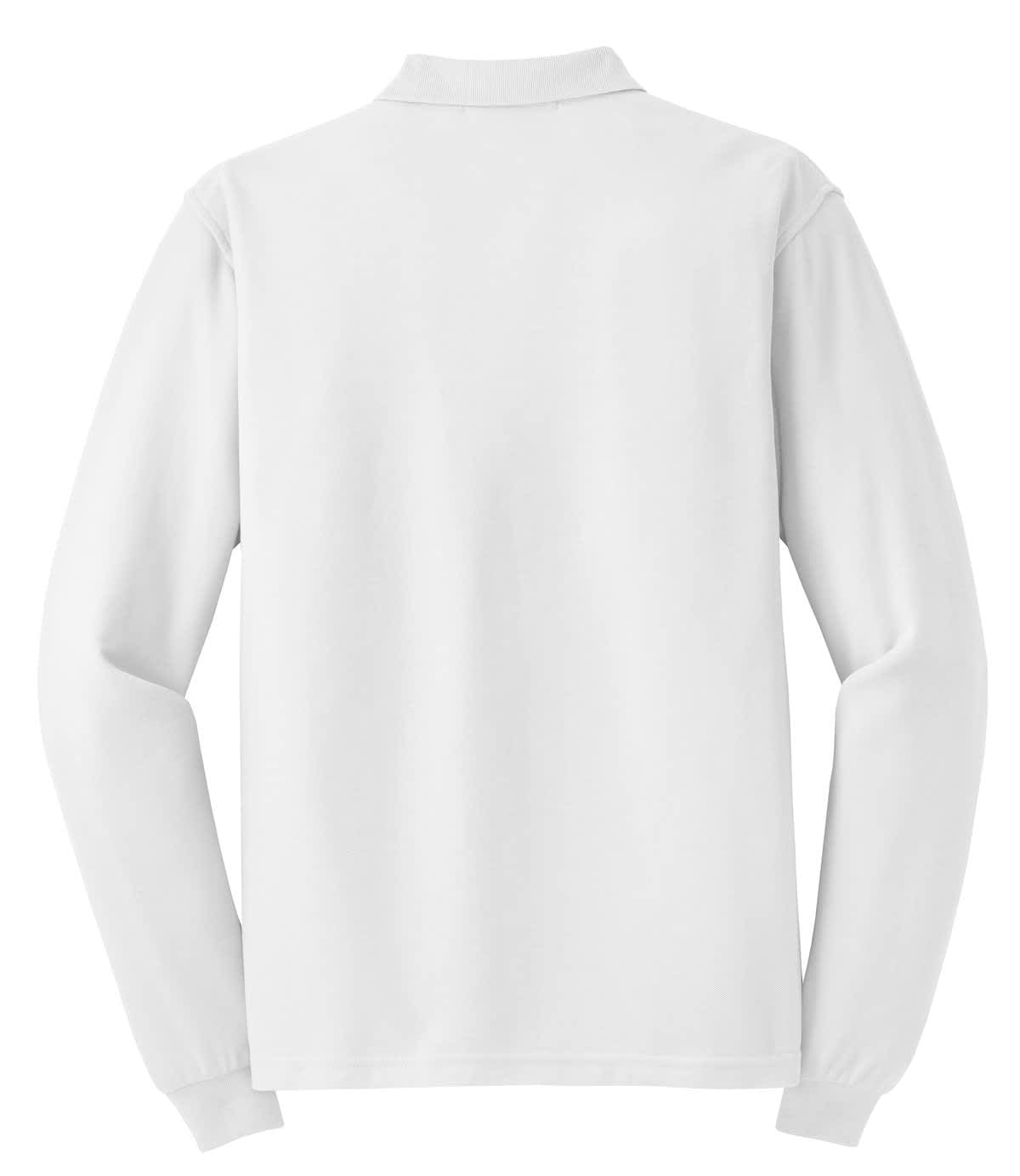 A long sleeve polo shirt in white, featuring a back view and a collar. It has a logo on the fabric.