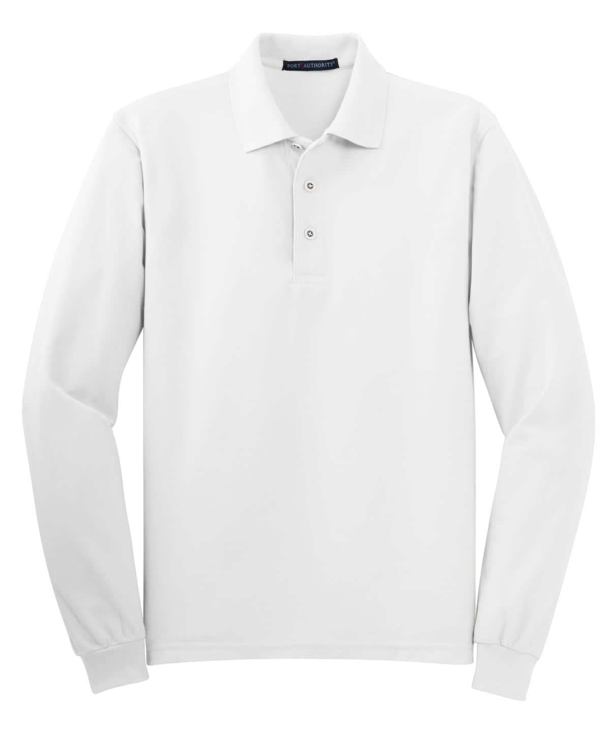 A white long sleeve polo shirt with a collar and three buttons, featuring a logo on the chest.