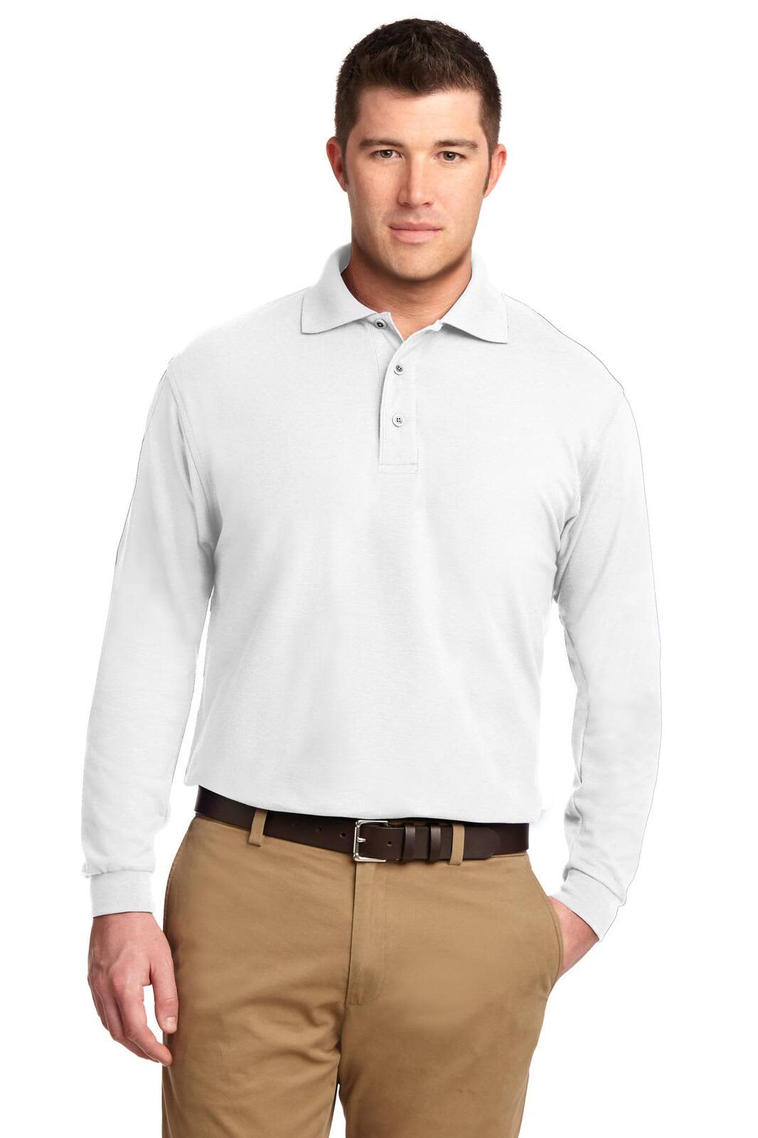 A white long sleeve polo shirt on a model, featuring a collar and a logo on the chest.