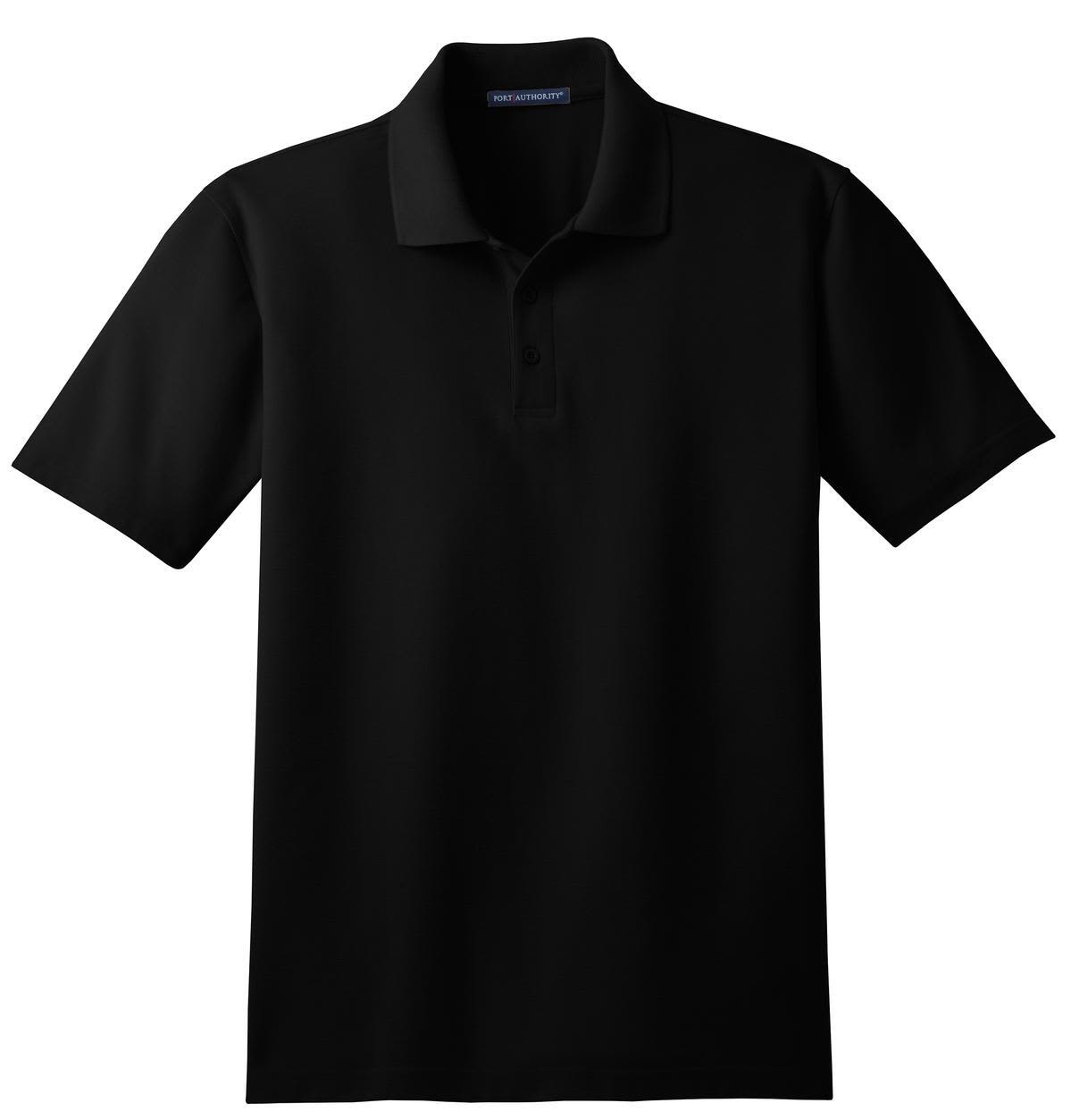 A black stain-resistant polo shirt with a collar and three buttons, featuring a logo on the chest.