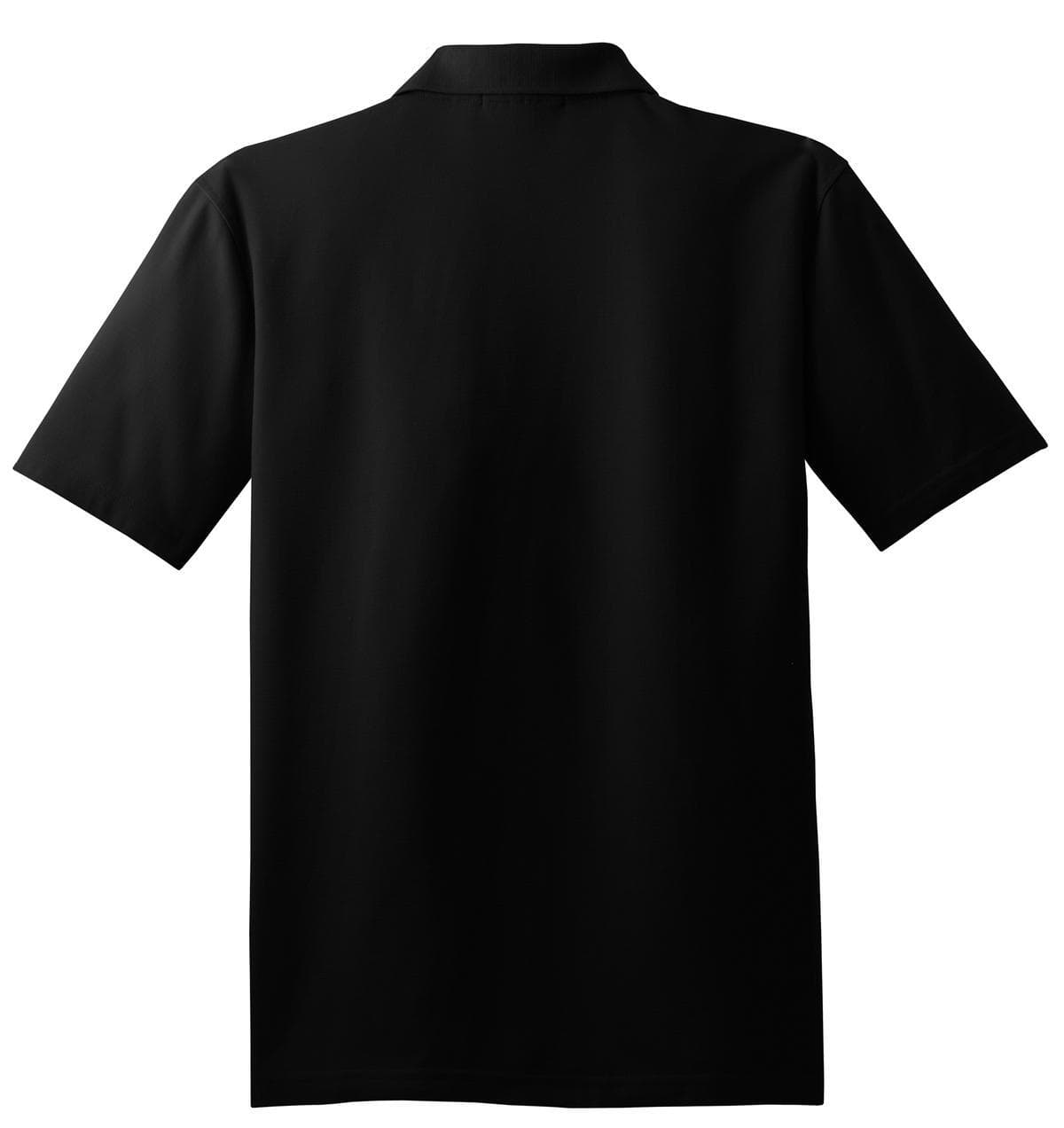 A black polo shirt with short sleeves, featuring a collar and a logo on the back.