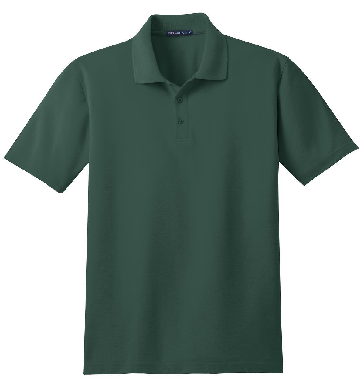A dark green Port Authority stain-resistant polo shirt with a classic collar and three-button placket.