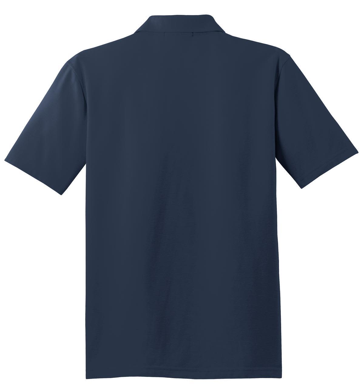 A navy blue polo shirt with short sleeves and a collar, featuring a logo on the front.