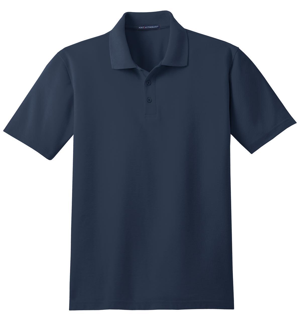 A navy blue polo shirt featuring a collar, buttons, and a logo. Made from stain-resistant fabric.