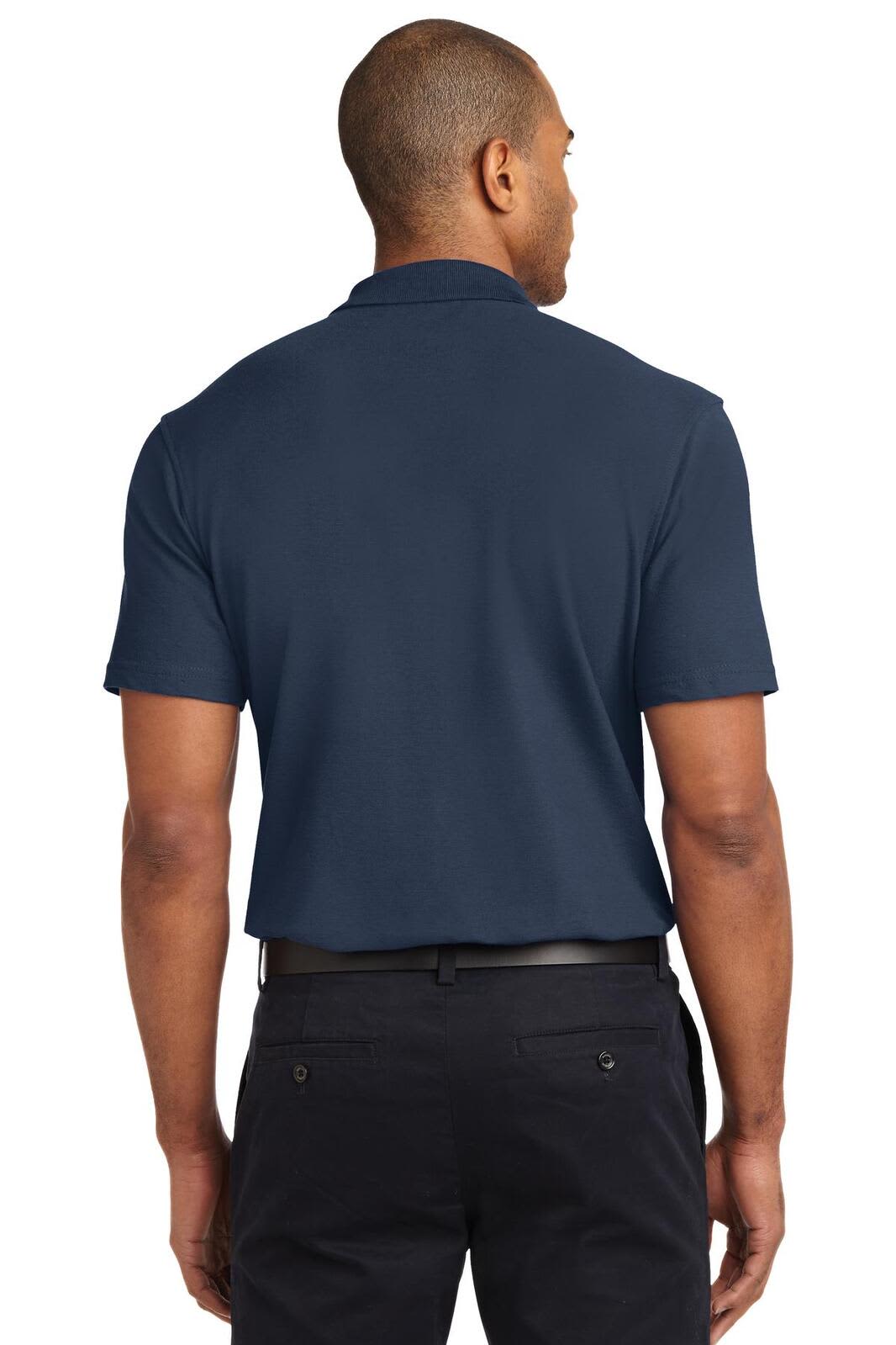A navy blue polo shirt with a short sleeve design, featuring a back view and an understated logo.