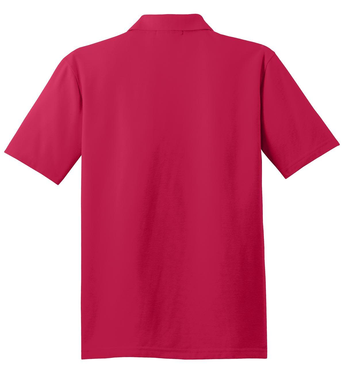 A red polo shirt with a collar, featuring short sleeves and a logo on the back.