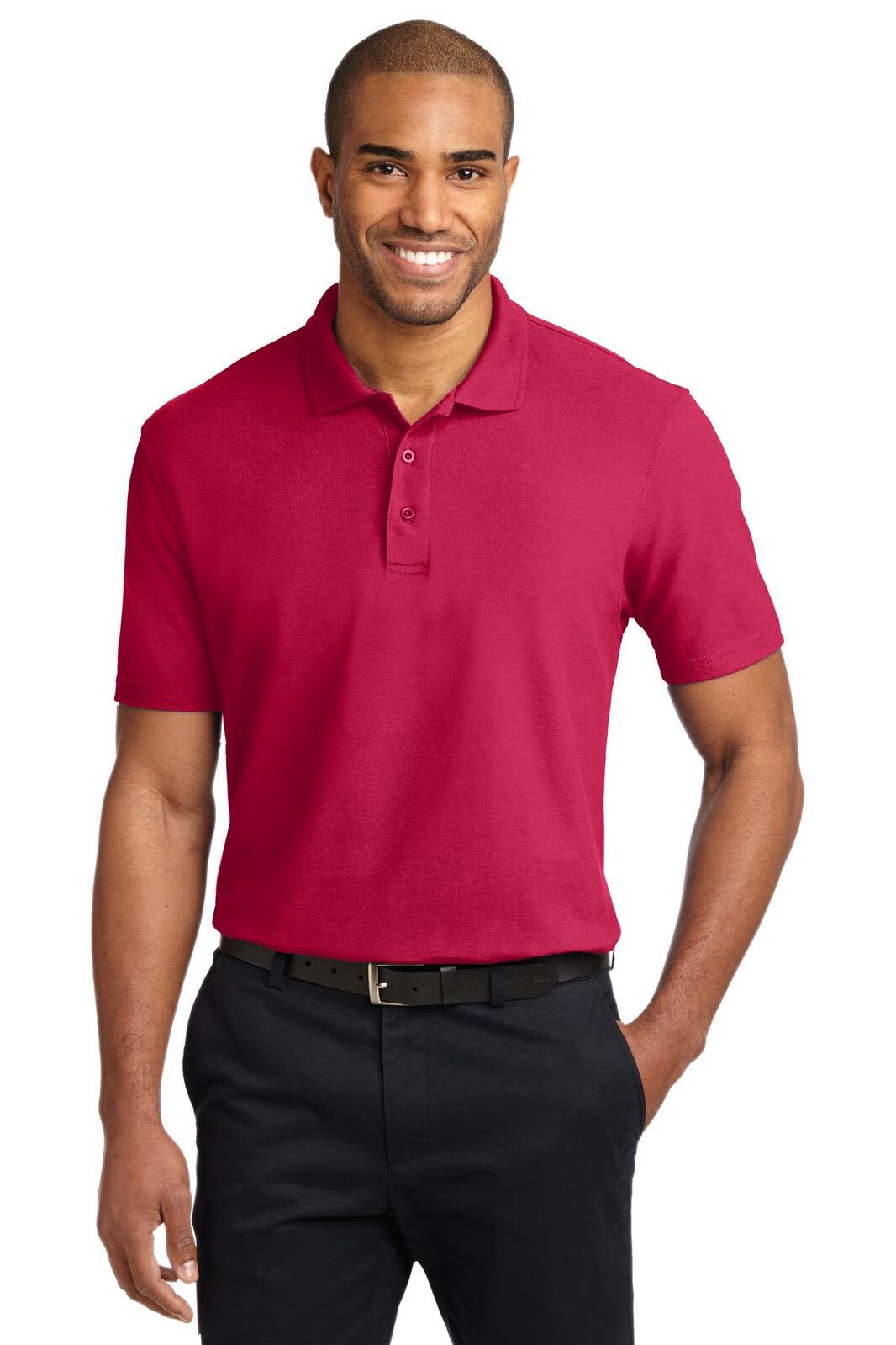 A red short-sleeved polo shirt, featuring a collar and a button placket, worn by a smiling man with a belt.