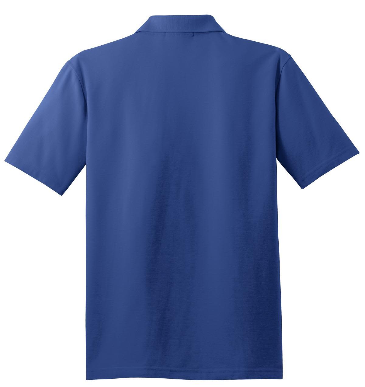 A blue polo shirt with a collar and short sleeves, featuring a logo on the back.