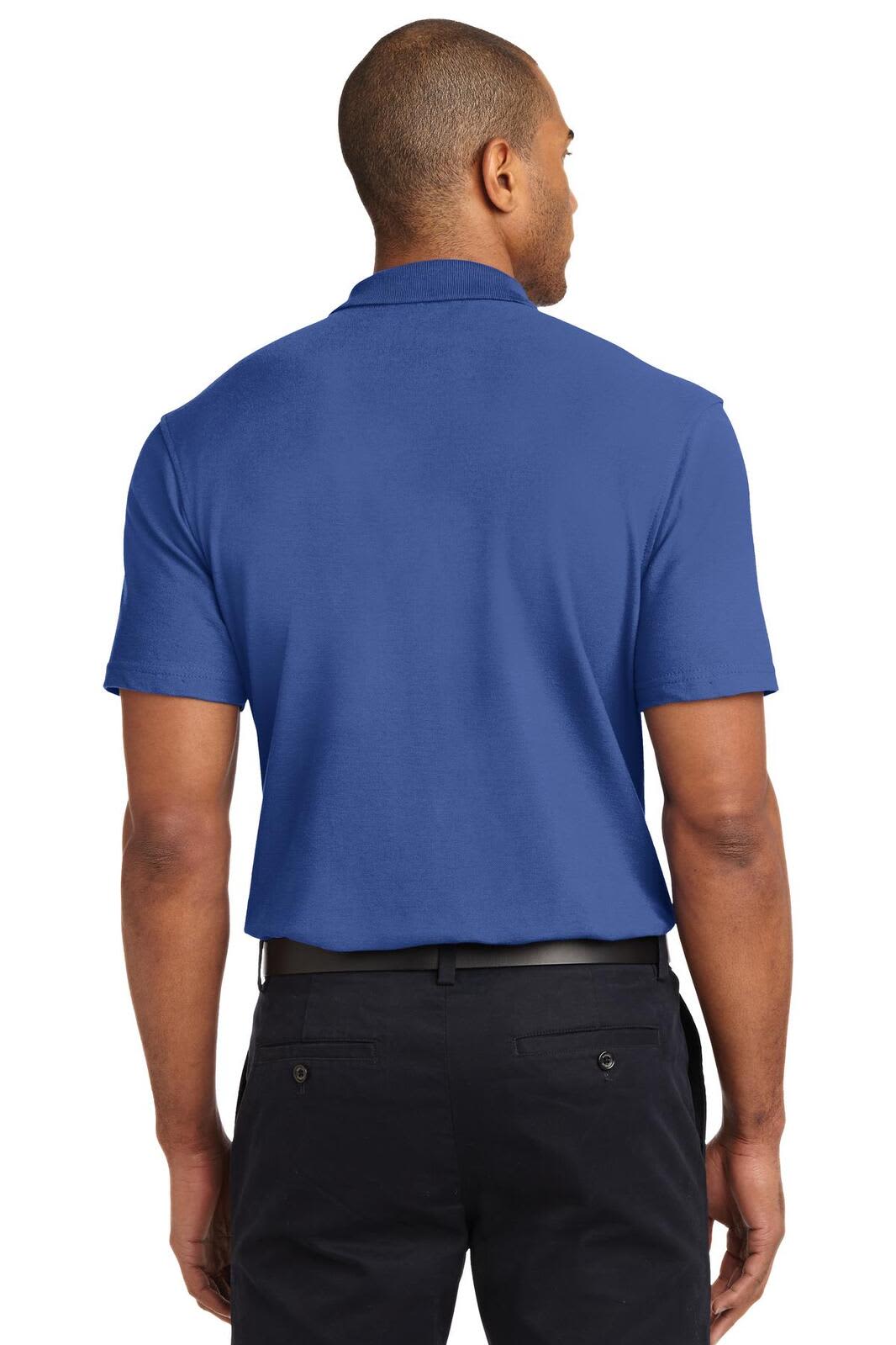 A blue stain-resistant polo shirt displayed from the back, featuring short sleeves and a collar.