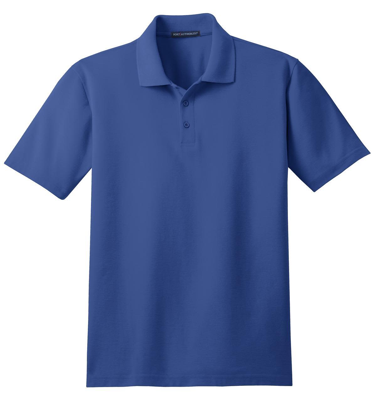 A blue stain-resistant polo shirt with a collar and three buttons, featuring a logo on the label.