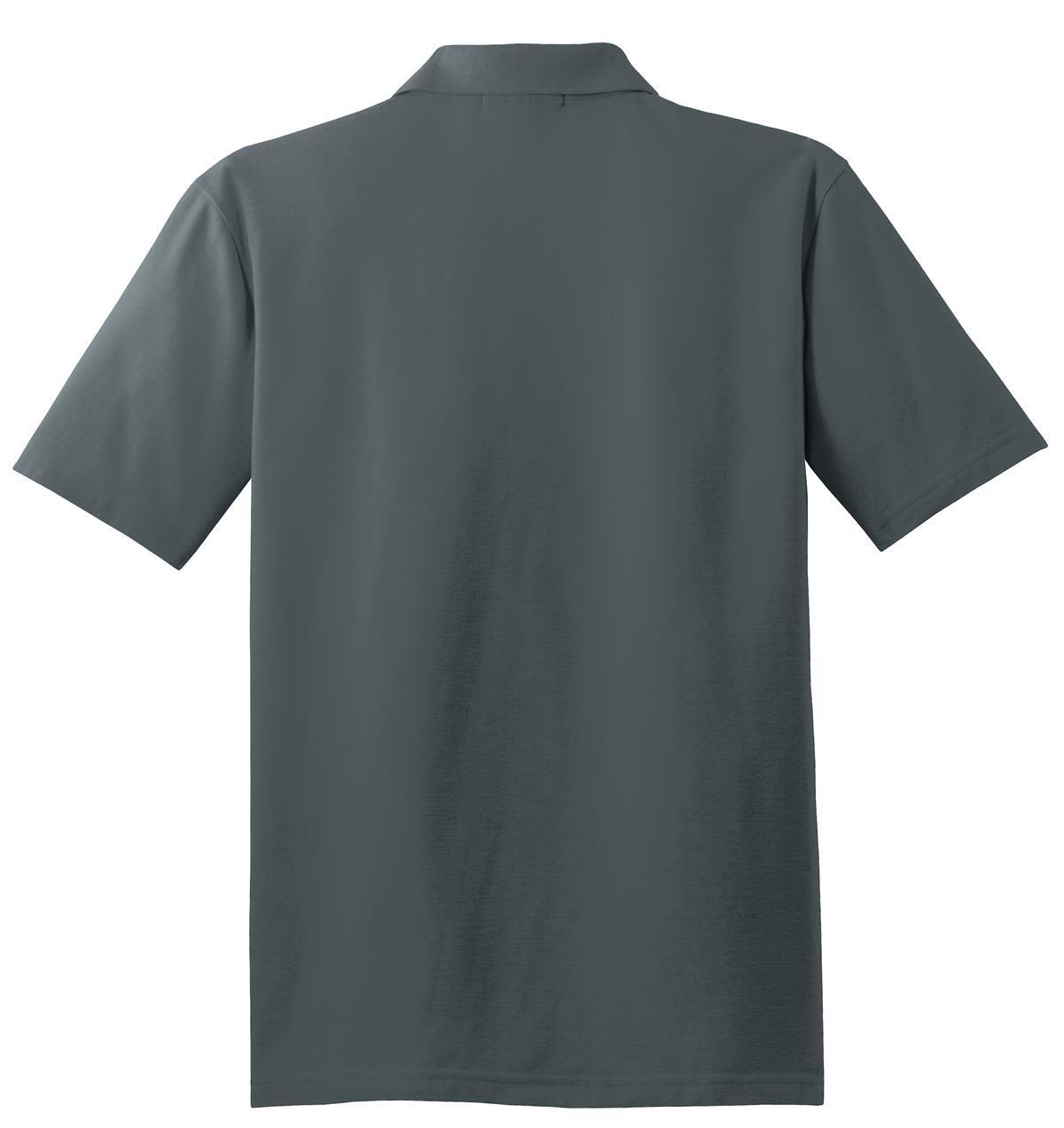 A dark grey, stain-resistant polo shirt displayed from the back. It features a collar and short sleeves.