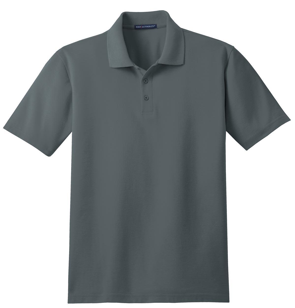 A grey stain-resistant polo shirt with a collar and three-button placket. It features a branding logo.