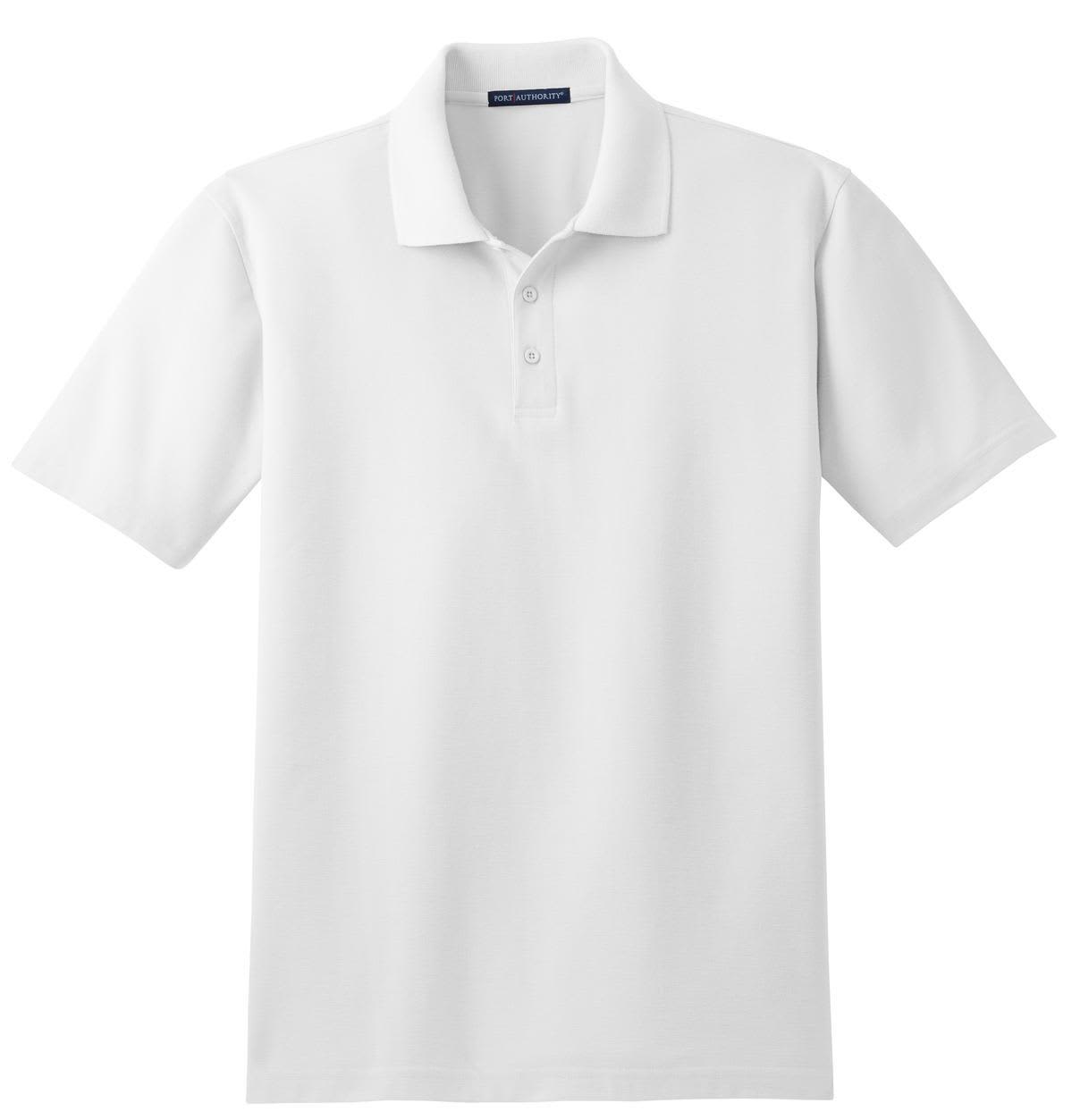 A white polo shirt with a collar, featuring a logo on the chest. The fabric appears stain-resistant.