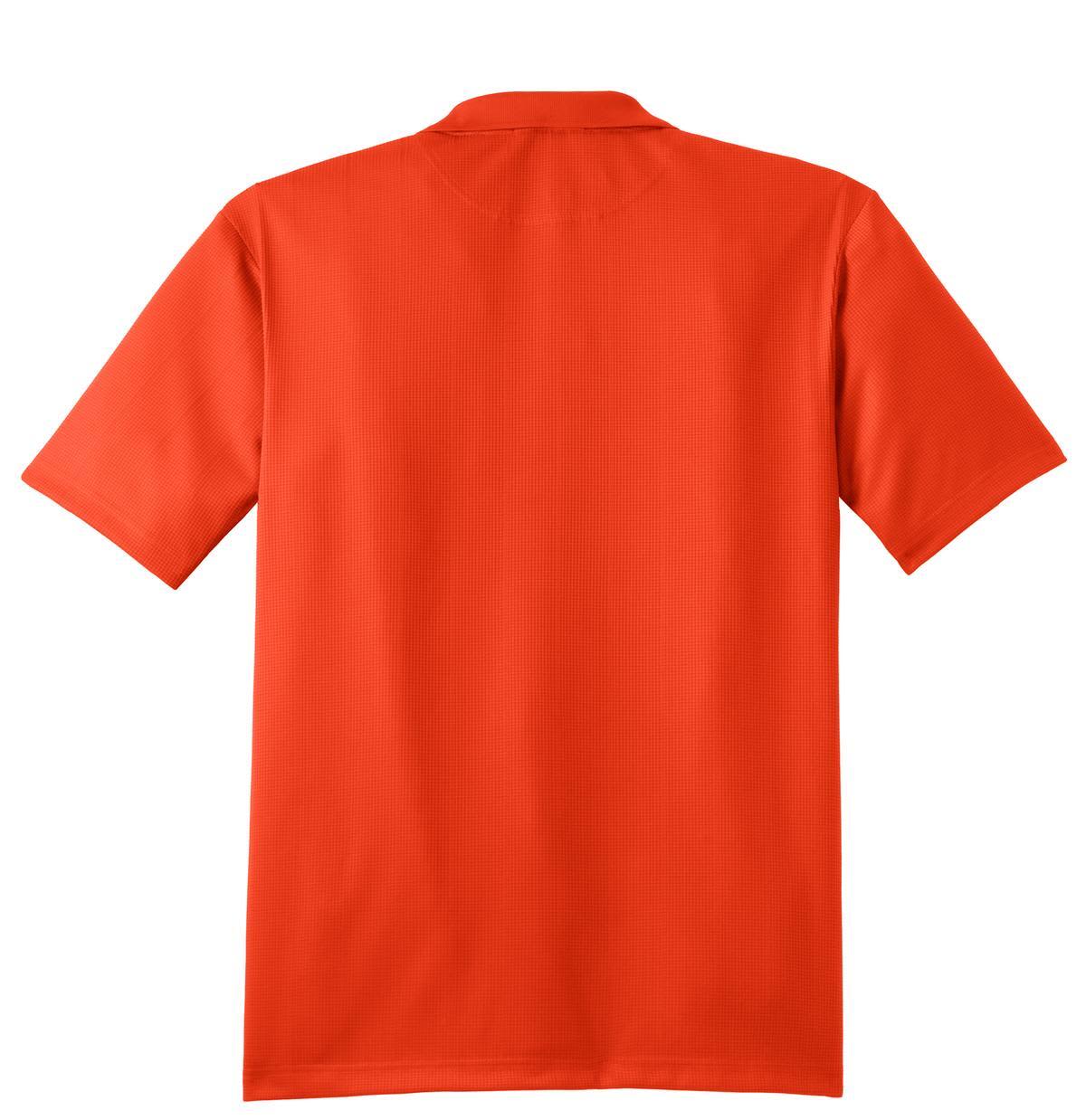 A red polo shirt with short sleeves and a collar, featuring a logo on the back.