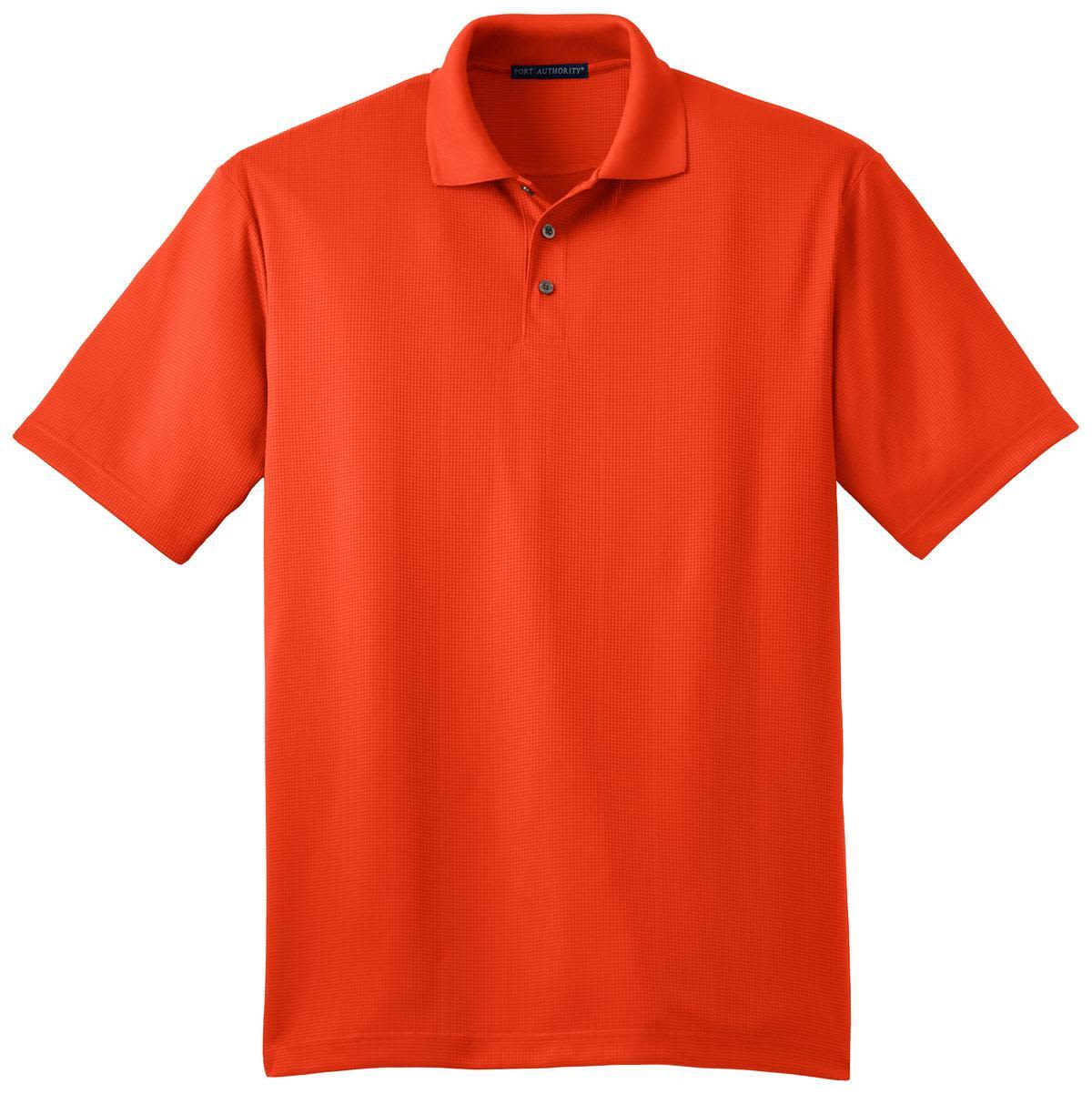 An orange polo shirt with a collared neckline and three buttons at the front, featuring a logo.