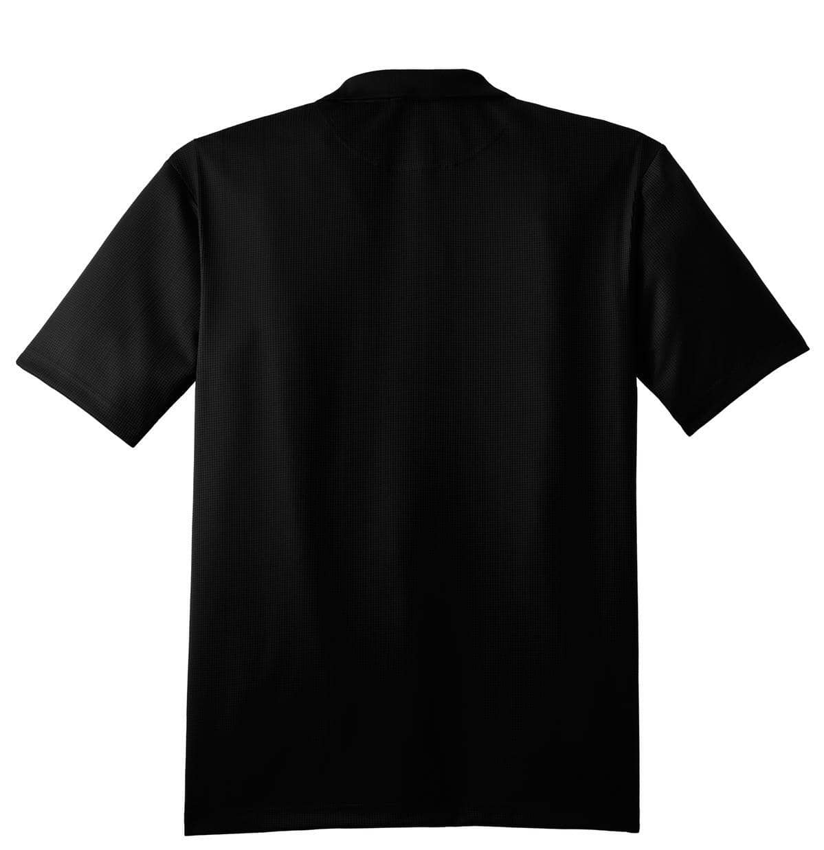 A black polo shirt with short sleeves, featuring a smooth texture and a logo on the back.