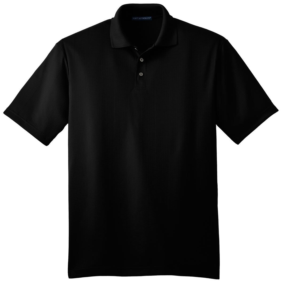 A black Performance Fine Jacquard Polo shirt with a collar and three-button placket, featuring a logo.