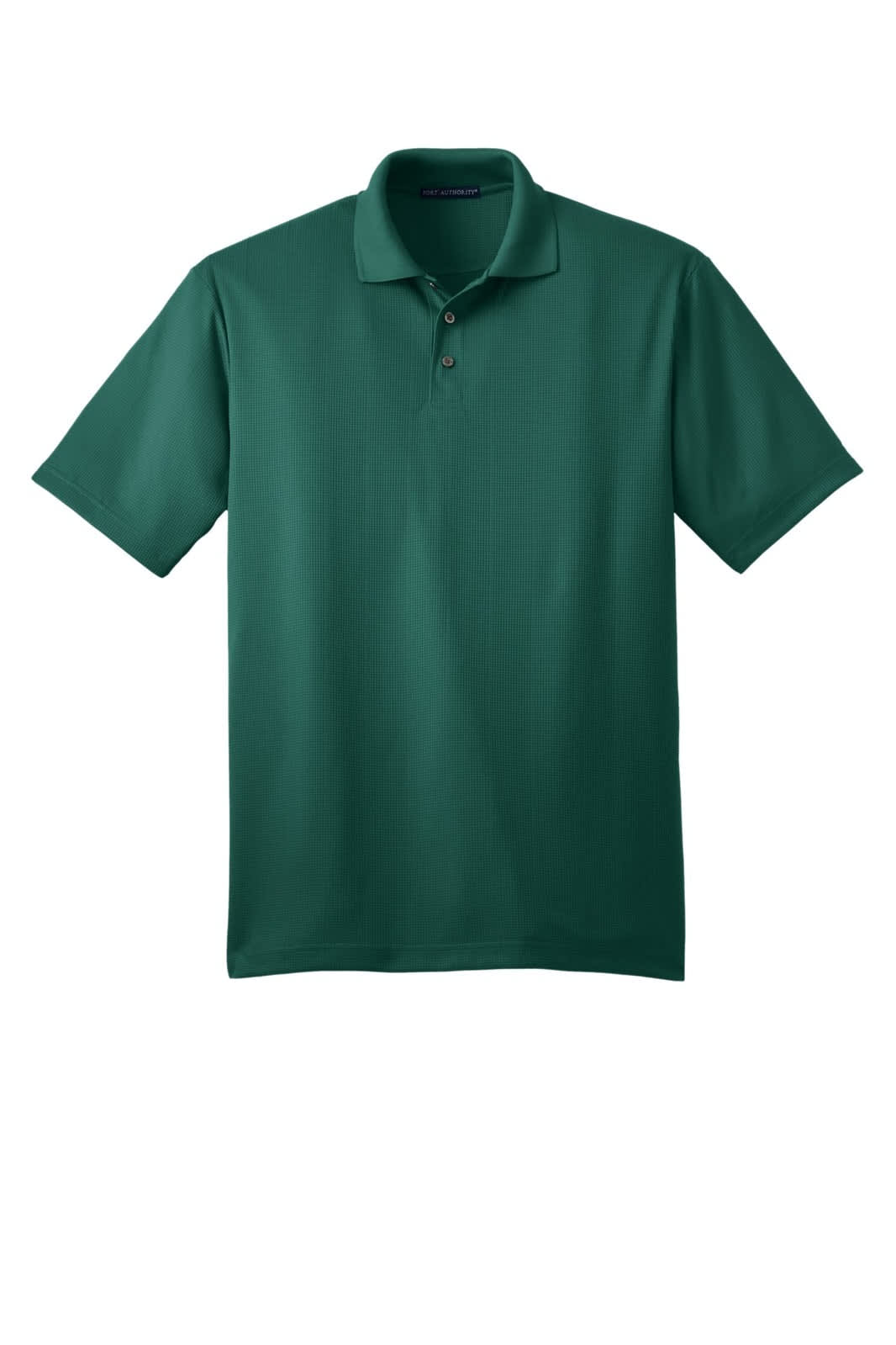 A green Port Authority Performance Fine Jacquard Polo shirt with a logo, featuring a collared neck and short sleeves.